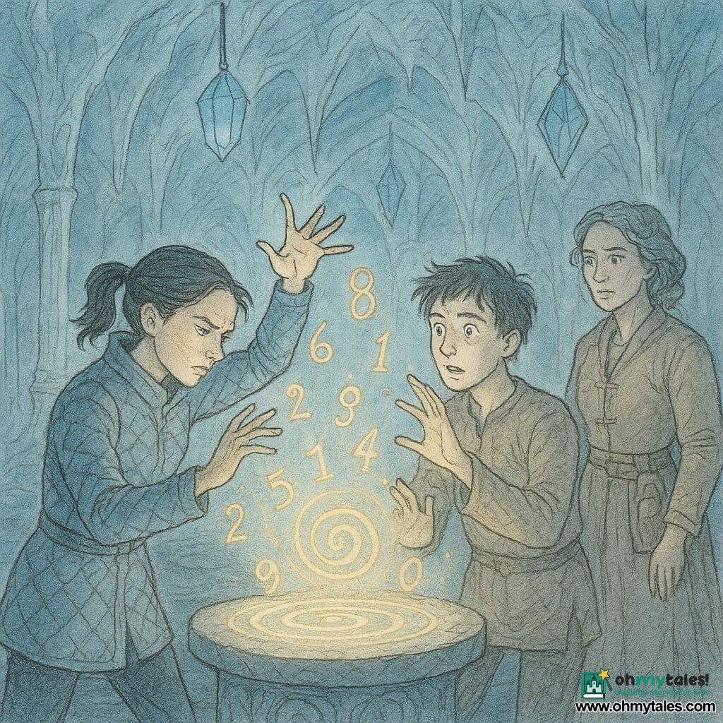Sera Venn, a determined woman with a strained expression and black hair in a ponytail, wearing a quilted coat with frosted seams, dances with precise rhythmic hands above a pedestal circled by glowing numbers; opposite her, Kael Dray, a pale ~28-year-old man with tousled hair and wide, awed-but-fearful eyes, mirrors her movements slightly behind; Archivist Myra Quill, ~45, in layered beige robes with a tool belt and a stern attentive gaze, stands to the side by a small protective box guiding them; they perform a numeric "dance" to stabilize a magical seal inside a vaulted chamber sculpted of ice with translucent inverted stalactite pillars, suspended blue crystal lanterns, a polished black floor reflecting the digits, a pale stone engraved with spirals at the center, and spiraling luminous glyphs and vibrating golden numbers creating a cold but luminous, tense yet hopeful atmosphere.