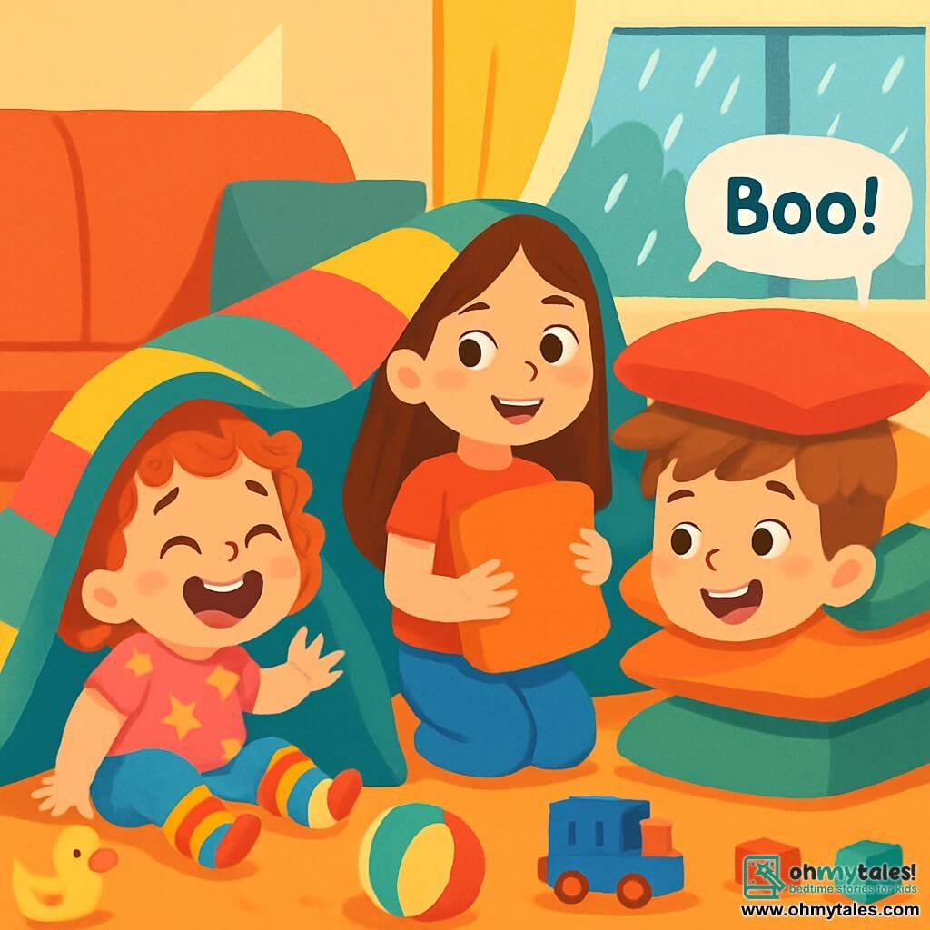 A 2-year-old girl named Poppy, with big bright eyes and curly hair, is laughing while hiding under a colorful blanket. She wears a pink t-shirt with stars and striped socks. Next to her, her 6-year-old sister Mia, with long straight hair, smiles while holding a soft pillow, ready to build a fort. Their 4-year-old brother Tom, with messy brown hair, hides under a pile of cushions, laughing and saying "Boo!" The scene takes place in a cozy living room, with a comfortable sofa, toys scattered on the floor, and rays of light filtering through a window, showing the rain outside. Poppy, Mia, and Tom are having fun building a large fort with cushions and colorful blankets, laughing and playing together, creating a joyful moment.