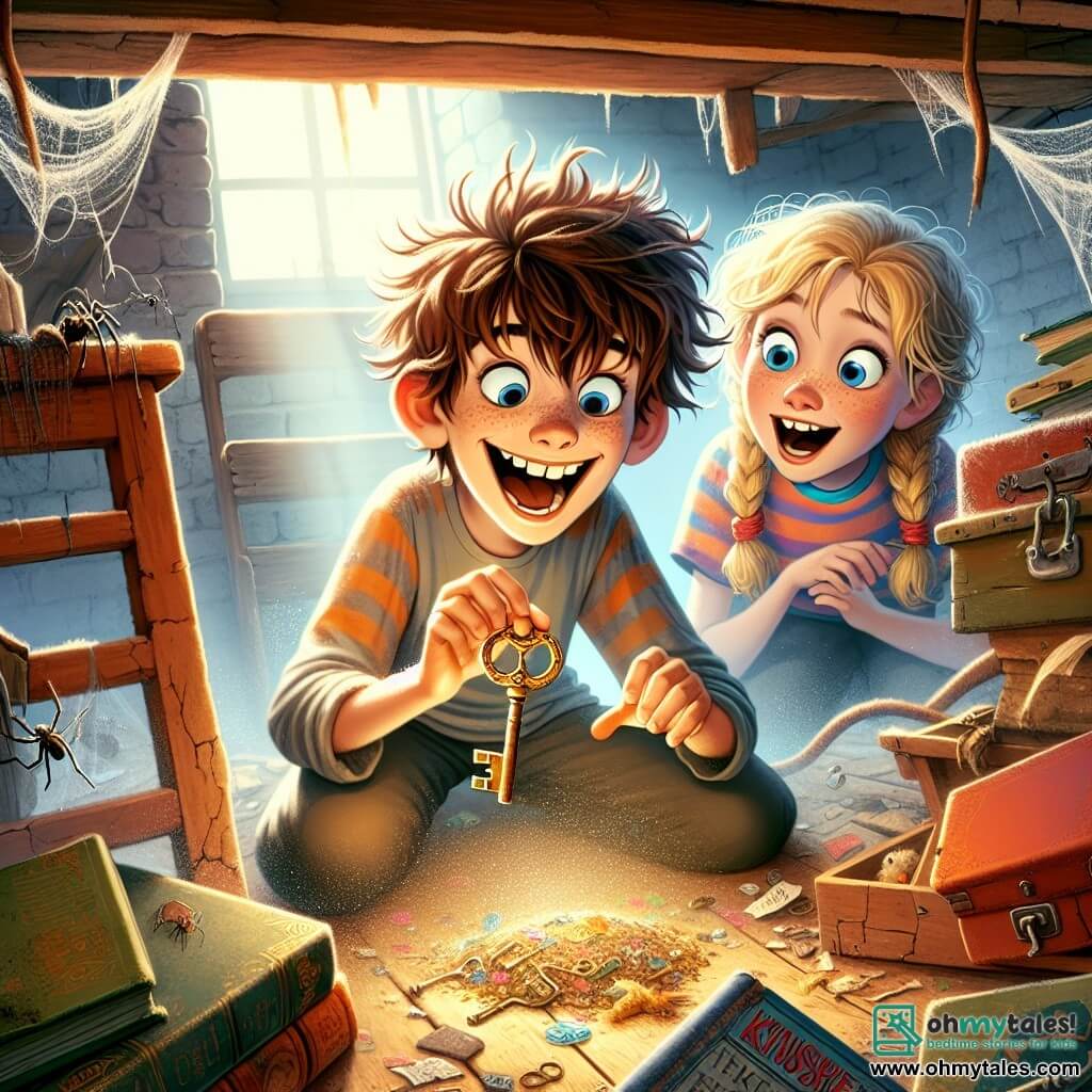 A 12-year-old boy, Max, with messy brown hair and a mischievous smile, is crouched under a dusty bed, holding a sparkling golden key in his hand. His eyes shine with excitement and wonder as he discovers a hidden treasure. Beside him, his best friend Lily, an 11-year-old girl with braided blonde hair wearing a colorful t-shirt, leans in curiously, her eyes wide with surprise. They are in an old abandoned house with cracked wooden walls, cobwebs in the corners, and dust-covered furniture. Soft sunlight filters through broken windows, creating a mysterious yet fun atmosphere. The main scene shows Max and Lily discovering comical objects and wacky traps, like buckets of confetti and books with hilarious titles, while laughing at their incredible adventure.