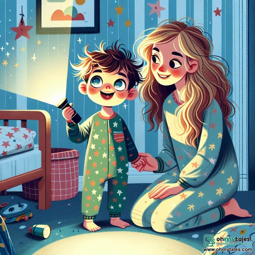 A 2-year-old boy with messy brown hair and sparkling curious eyes stands in his room, holding a small flashlight that softly illuminates his face. He has a delighted smile and a slight furrowed brow, showing both joy and a bit of concern about the darkness. His mother, a woman in her 30s with long blonde hair, stands beside him, smiling and reassuring, wearing a colorful star-patterned pajama. She is crouched down, looking at her son with tenderness, showing him that the night can be friendly. The scene takes place in a warm child's bedroom, decorated with light blue walls featuring stars and clouds. A cozy bed is covered with a colorful blanket, and toys are scattered on the floor. The flashlight's light creates playful shadows on the walls. The little boy shines the flashlight on the shadows in the room, laughing as he discovers the dark shapes dancing around him, while his mother encourages him to explore and not be afraid of the dark.