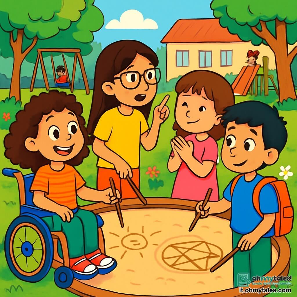 Ci sono 4 personaggi: - Sofia: una ragazza di 10 anni, con capelli castani e ricci, seduta su una bella sedia a rotelle colorata, sorridente e piena di energia. - Giulia: una ragazza di 10 anni, con capelli lunghi e lisci, che indossa una maglietta gialla brillante e occhiali, curiosa e intenta a fare domande ad Amir. - Martina: una ragazza di 10 anni, con capelli castani e una frangia, vestita con un vestito rosa, un po' timida, ma guarda Amir con un sorriso amichevole. - Amir: un ragazzo di 10 anni, con capelli neri e occhi vivaci, che indossa una maglietta blu e uno zaino colorato, un po' nervoso ma felice di essere incluso nel gioco. La scena si svolge in un cortile di scuola soleggiato, circondato da alti alberi verdi e fiori colorati. Si vedono giochi in legno, come un'altalena e uno scivolo, e bambini che ridono e giocano intorno. La situazione principale mostra i quattro amici riuniti attorno a un grande cerchio di sabbia, dove disegnano forme e motivi con dei bastoni. Sofia sorride mostrando il suo disegno, mentre Giulia spiega qualcosa ad Amir, che sembra sempre più a suo agio. Martina, accanto, applaude gioiosamente, creando un'atmosfera di amicizia e tolleranza.