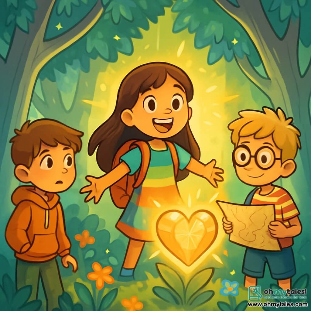 There are three characters: - Lily: a 10-year-old girl with long brown hair and sparkling eyes. She wears a colorful dress and a backpack full of adventures. She stands in the center with her arms open and a big smile on her face. - Ben: an 11-year-old boy with messy blonde hair and round glasses. He wears a striped t-shirt and shorts. He is slightly in the background, holding an old map with a determined look. - Max: a 10-year-old boy with brown hair and freckles. He wears a hoodie and cargo pants. He stands to the left, curiously looking into the heart of the forest, a bit hesitant but ready to move forward. The setting takes place in an enchanted clearing surrounded by tall trees with silver trunks and shimmering leaves. Colorful flowers dance in the gentle breeze, and at the center, a beautiful crystal heart shines with a golden light, illuminating the scene with a magical aura. The main situation shows the three friends discovering the heart of the forest, amazed and united, ready to face the challenge ahead. The shadows of the trees dance around them, and a soft light envelops them, symbolizing their courage and friendship.