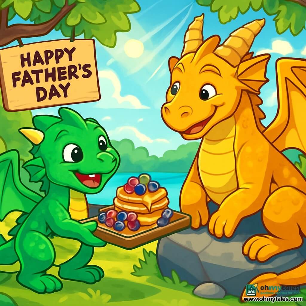 A small dragon named Flicker, with scales as bright as emeralds, smiles with sparkling eyes of joy, holding a breakfast tray filled with colorful berries and drops of honey. Beside him, his father, a large dragon named Ember, with golden scales and warm eyes, looks at Flicker with an emotional smile, sitting on a rock by a shimmering lake. Their environment is an enchanted forest, with gnarled tree trunks and vibrant green leaves, while the lake reflects the blue sky dotted with fluffy clouds. The main scene shows Flicker surprising his father for Father's Day, with rays of sunlight illuminating the scene, creating a joyful and magical atmosphere.