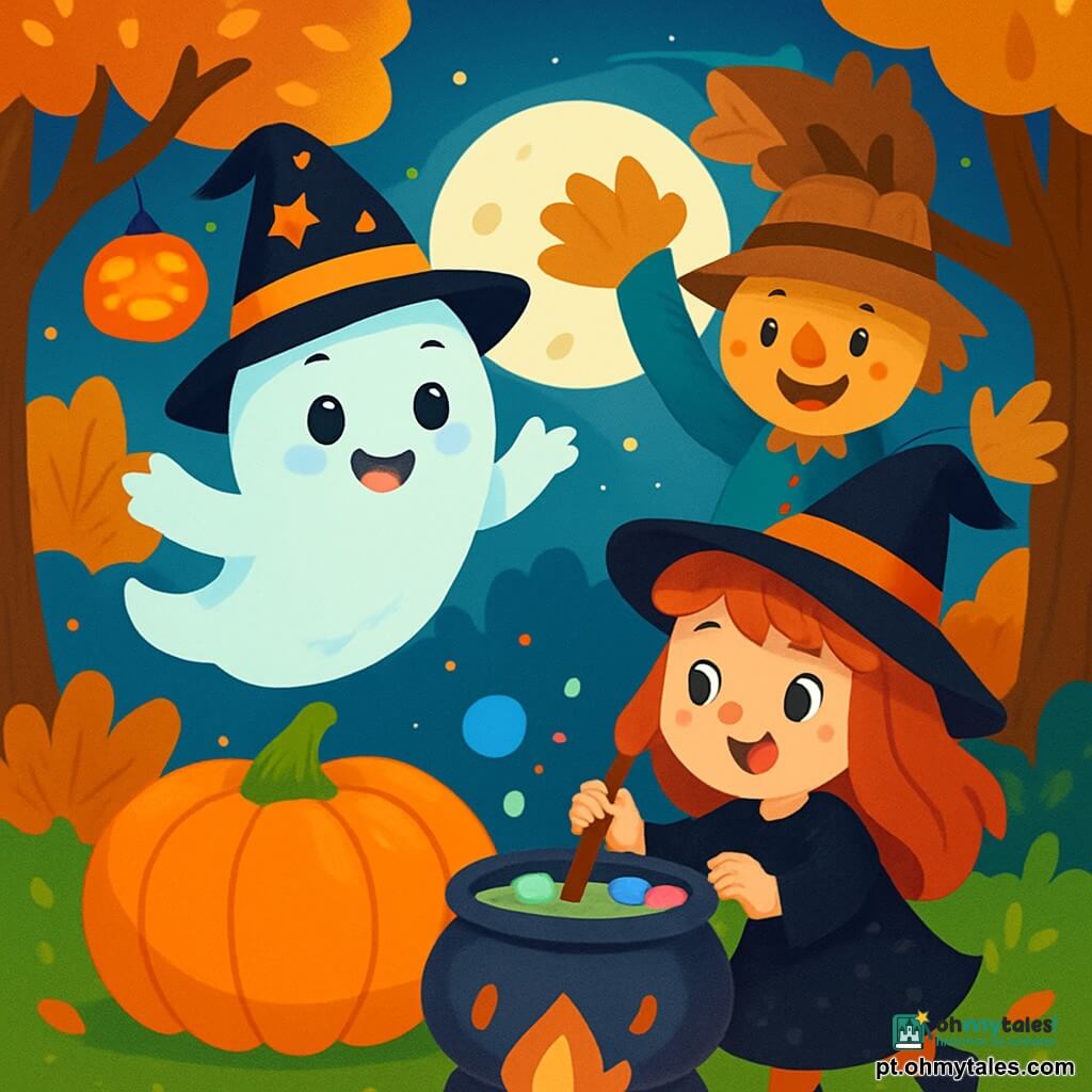 Um pequeno fantasma chamado Pip, translúcido e sorridente, flutua alegremente sobre uma grande abóbora laranja, seus olhos redondos brilhando de felicidade. Ele usa um pequeno chapéu de bruxo preto adornado com estrelas douradas e seus braços estão abertos, como se estivesse convidando seus amigos a se juntarem a ele. Ao seu lado, uma bruxinha barulhenta chamada Lili, com cabelos vermelhos flamejantes e um vestido preto cintilante, mistura poções coloridas em um caldeirão, seus olhos brilhando de travessura e excitação. Um espantalho chamado Dudu, feito de palha e vestido com roupas velhas, está ao fundo, sorrindo e contando uma história, com os braços levantados para chamar a atenção de todos. A cena se passa em uma clareira encantada, iluminada pela lua cheia, cercada por árvores com folhas douradas e laranjas, com lanternas em forma de abóbora flutuando no ar, projetando uma luz suave e acolhedora. Pip, Lili e Dudu celebram juntos uma alegre festa de Halloween, cercados por seus amigos animais, em uma atmosfera festiva e mágica, cheia de risos e cores vibrantes.