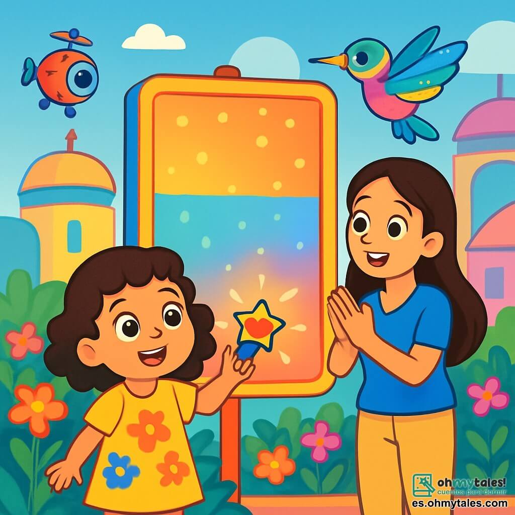 Una niña de 4 años, con grandes ojos brillantes y cabello rizado negro, sonríe con asombro. Lleva un vestido amarillo brillante adornado con flores de colores y sostiene un pequeño imán en forma de estrella en su mano. A su lado, su mamá, una mujer de unos treinta años con cabello largo y liso, sonríe orgullosa mientras aplaude. Ella lleva una blusa azul y pantalones beige, y está cerca de un jardín exuberante. El lugar es una azotea futurista, llena de flores brillantes y robots coloridos que vuelan alrededor. Los edificios de formas redondeadas y colores cambiantes se alzan de fondo, bajo un cielo azul claro. La niña y su mamá están frente a un gran panel luminoso que dice "Bienvenida", iluminado con colores vivos. La niña, llena de alegría, acaba de ayudar a encender el panel con su imán, y el robot colibrí, con alas brillantes, danza alegremente a su alrededor.