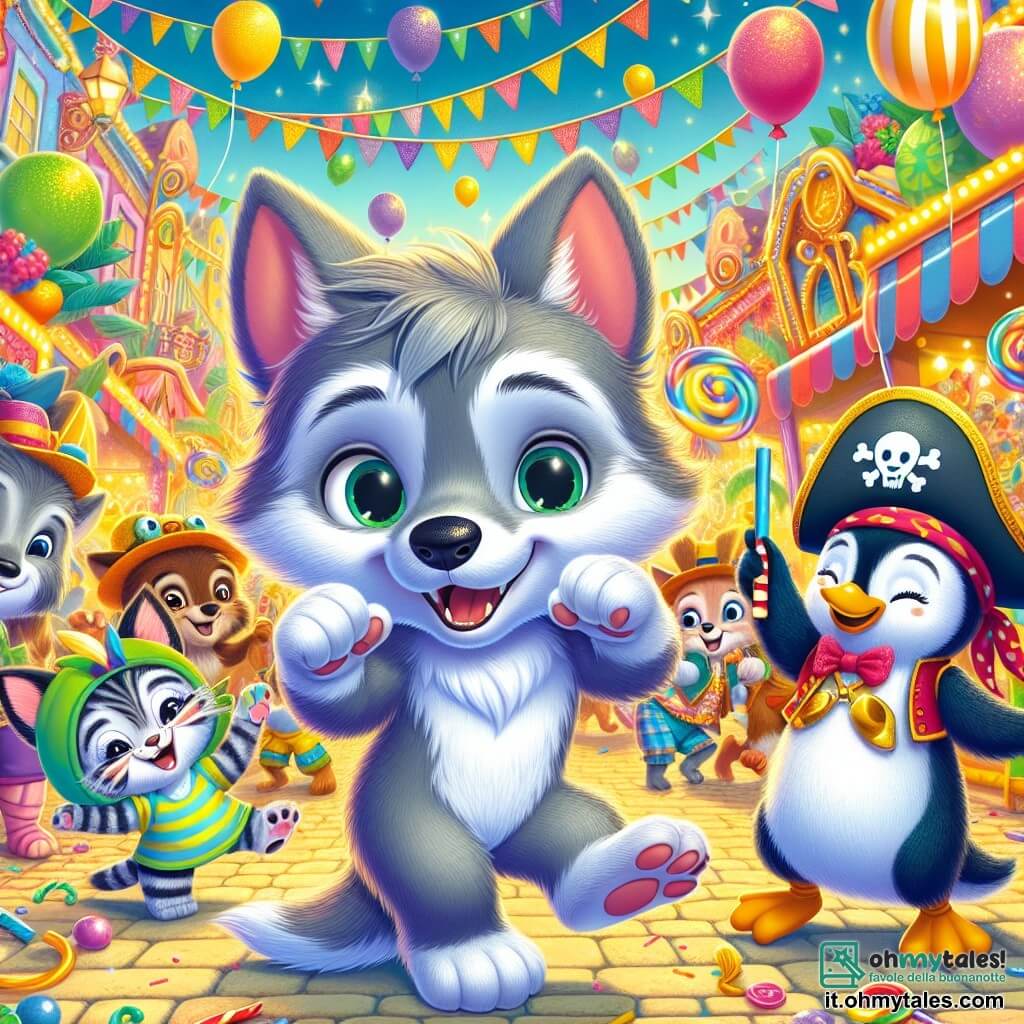 Un piccolo lupo grigio di nome Leo, con un pelo lucente e occhi scintillanti di curiosità, danza gioiosamente in mezzo a una folla animata, con un grande sorriso sul volto. Accanto a lui, una gattina di nome Mia, con un pelo tigrato e occhi verdi brillanti, ride cercando di imitare i movimenti di danza di Leo. Un pinguino pirata di nome Pina, con un cappello da pirata e una spada di plastica, li incoraggia agitando le braccia, con un volto radioso di entusiasmo. Il decor è una strada festosa, adornata con ghirlande colorate, palloncini fluttuanti e bancarelle di dolci, dove animali di ogni tipo ballano e si divertono. La scena è piena di colori vivaci, risate e musica, catturando lo spirito gioioso del carnevale. Leo e i suoi amici ballano insieme, condividendo un momento di felicità e amicizia nel cuore di questa celebrazione magica.