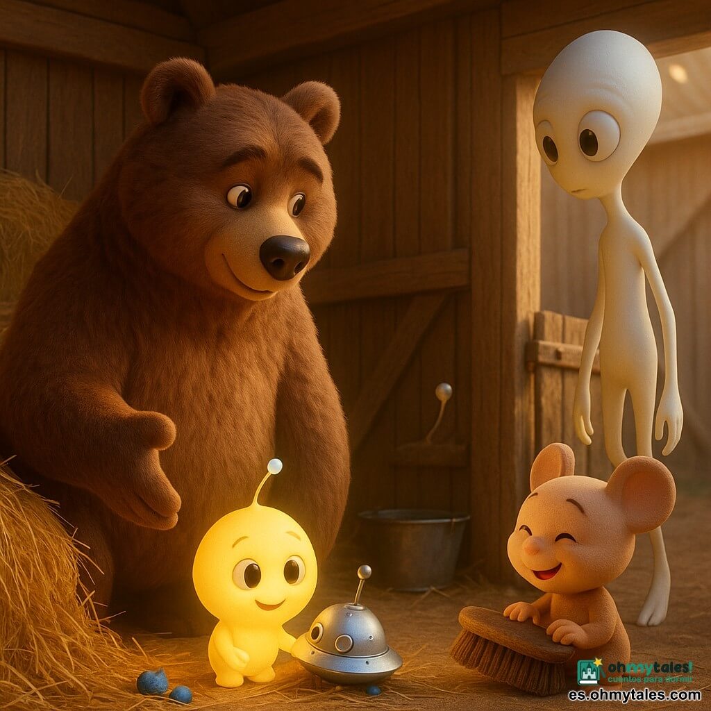 Bruno, un gran oso pardo de pelaje suave y espeso, de expresión tranquila y bondadosa, está de pie sobre sus patas traseras junto a un montón de heno y extiende una pata como para tranquilizar; Lila, una pequeña extraterrestre redonda y luminosa del tamaño de una manzana con ojos grandes y brillantes y sonrisa tímida, sostiene una mini-nave plateada sobre el heno; Tono, un extraterrestre alto y delgado de piel nacarada, observa flotando cerca de la puerta del granero; Pif, un personaje pequeño de orejas redondas, toca con asombro una vieja brocha de madera a la derecha de Bruno; el granero es de madera clara con tablas visibles, luz dorada filtrándose por una grieta del techo, fardos de heno apilados, un cubo de metal brillante y una puerta de madera algo oxidada; la mini-nave reposa sobre un cojín de heno con una antena erguida y pequeñas piedras cometarias azules a un lado; la escena transmite calma, ayuda y amistad en una atmósfera cálida y segura, con estilo 3D suave, texturas mullidas para el oso, metal liso y brillante para la nave y una iluminación dorada de final de tarde.