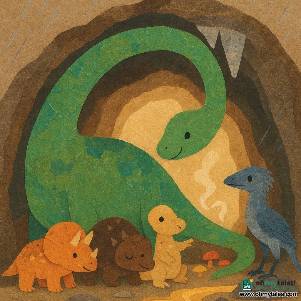 A large diplodocus named Dapple with a long arched neck sheltering friends, textured like torn green and blue paper, a gentle expression; Toot the small round protoceratops in ochre with yellow wallpaper-like spots snuggled by Dapple's neck; Munch the stocky ankylosaurus with a brown cardboard club tail at the rear; Sly the slim feathered velociraptor with crumpled gray-blue paper feathers guarding the cave entrance; Quill, a sandy small strategist with a leaf-collar, perched on a mid-height rock indicating the path; a wide welcoming cave with silver-paper stalactites, circled glowing mushrooms, a shiny-paper warm stream and soft steam; the troupe sheltered under Dapple during heavy rain visible at the entrance, strong contrast between gray rainy outside and bright colorful interior, layered cut-paper textures, composition centered on Dapple's protective gesture.