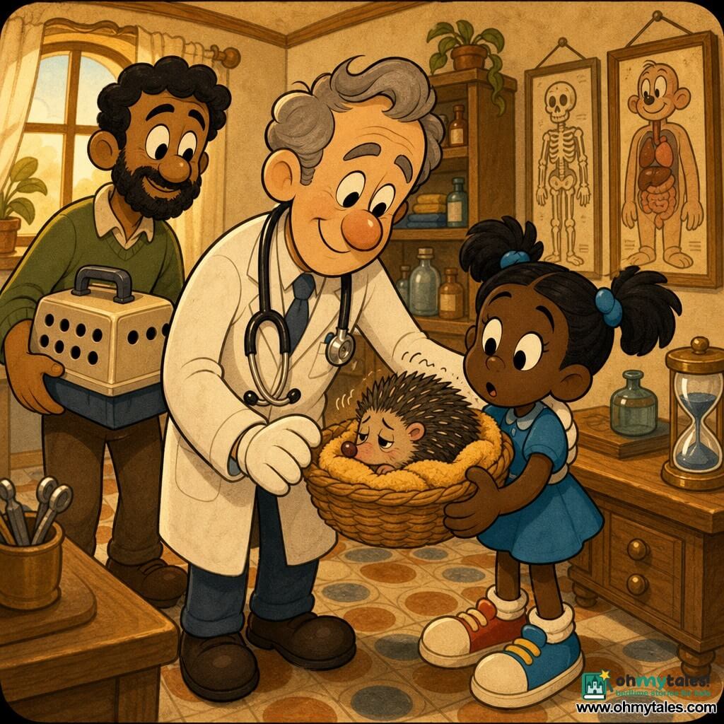 A kind middle-aged male doctor with graying hair and a gentle smile wears a slightly oversized white coat and a stethoscope, leaning with a small examination lamp toward a wicker basket held by a curious, slightly worried seven-year-old girl (Mina) with black pigtails and colorful shoes; a bearded father (~35) stands back left holding a ventilated pet carrier and watching reassuringly. The small spiky hedgehog peeks a pink snout from the basket, curled on a warm towel. Warm, cozy clinic interior with a light wood desk, glass hourglass, anatomy posters, shelves of bottles and towels, soft yellow window light, retro round-tile floor; centered close-up composition, warm honey and light brown palette with blue accents, rounded rubber-hose lines and slightly grainy vintage textures.