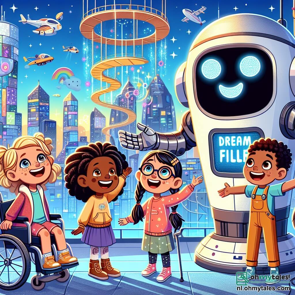 In het midden van de afbeelding staat Nola, een zevenjarig meisje met krullend blond haar en een grote glimlach, voor de Droomvervuller, een grote robot met stralende, lachende ogen. Rechts van haar kijkt Lila, een zevenjarig meisje in een rolstoel met bruin haar en een bril, verwonderd naar de machine. Links wijst Mia, een zevenjarig meisje met gevlochten zwart haar, naar de prachtige drijvende speeltuin boven hen. Tot slot juicht Zoë, een zevenjarig meisje met rood haar en sproeten, blij terwijl ze haar armen naar de lucht steekt. Op de achtergrond speelt het zich af in Glimmerstad, een futuristische stad met glinsterende glazen en metalen gebouwen die onder de zon schitteren. Vliegende voertuigen passeren boven hen terwijl kinderen spelen op een drijvende speeltuin vol kleurrijke glijbanen en schommels die in de lucht dansen. De hoofdsituatie toont Nola en haar vriendinnen die de Droomvervuller ontdekken, een magische machine die een vliegende speeltuin heeft gecreëerd, maar die begint te wankelen. De kinderen, opgewonden maar bezorgd, komen samen om na te denken over hoe ze de situatie kunnen stabiliseren en ervoor kunnen zorgen dat alle kinderen veilig kunnen spelen.