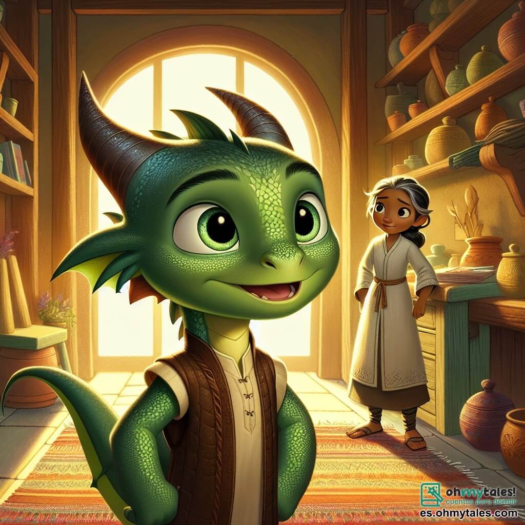 Un joven dragón de 11 años llamado Elian, con escamas brillantes de color esmeralda y grandes ojos llenos de curiosidad, se encuentra en el centro de la escena, mostrando una expresión determinada y esperanzadora. Habla con pasión, con sus pequeñas alas ligeramente desplegadas, como si estuviera listo para volar hacia nuevas ideas. A su derecha, su madre, una dragona de escamas doradas y ojos dulces, lo mira con sorpresa y admiración, sosteniendo un rollo de tela en sus patas. A su izquierda, su padre, un dragón robusto de escamas plateadas, se muestra pensativo con los brazos cruzados, pero una sonrisa empieza a dibujarse en su rostro, evidenciando que está conmovido por las palabras de su hijo. La escena transcurre en una cocina cálida, iluminada por una luz dorada que entra por las ventanas, iluminando estanterías llenas de tarros coloridos y libros. Un gran tapiz tejido a mano está extendido en el suelo, añadiendo comodidad al ambiente. El momento principal muestra a Elian compartiendo valientemente lo que ha aprendido en la escuela sobre la resolución de conflictos, buscando apaciguar las tensiones entre sus padres, mientras un sentimiento de amor y comprensión comienza a instalarse en la habitación.