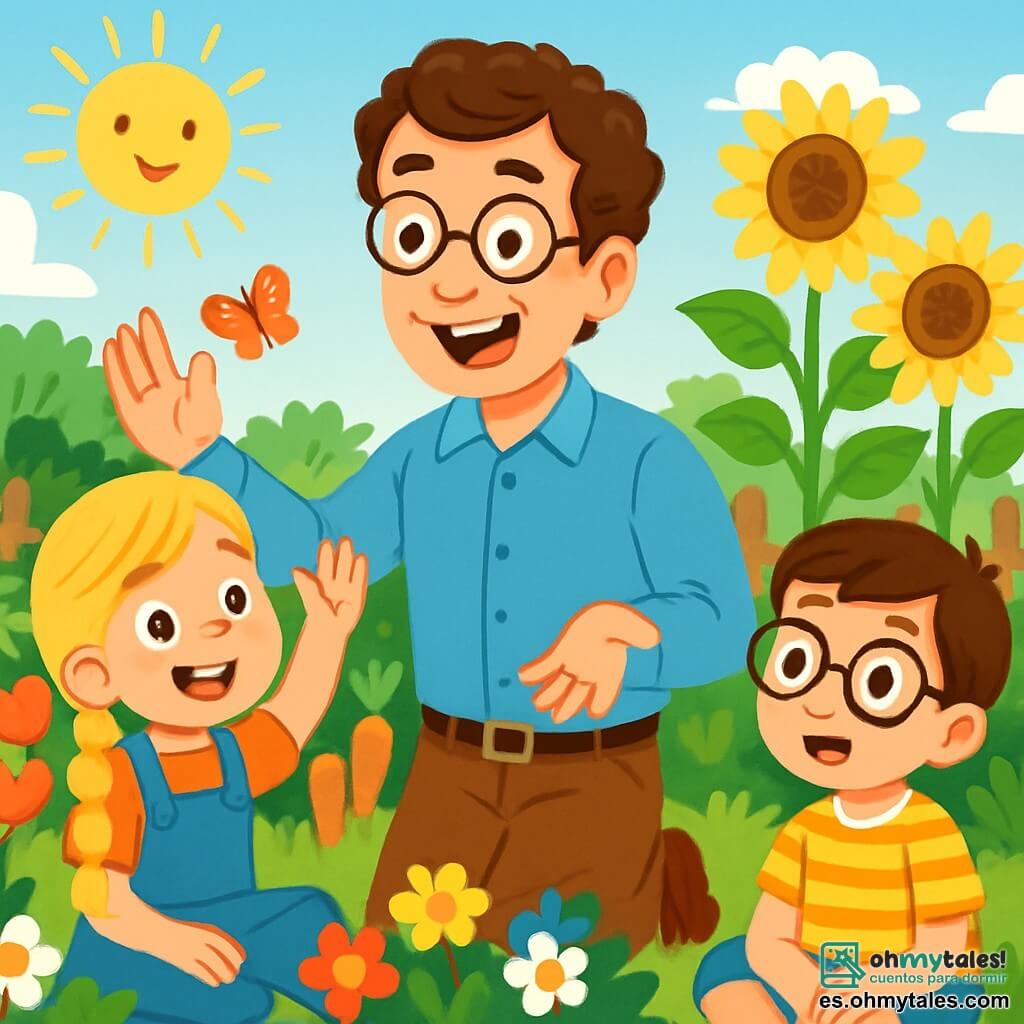 Un maestro sonriente, un hombre de unos cuarenta años con cabello castaño ligeramente rizado y gafas redondas, está de pie en medio de un jardín escolar soleado, rodeado de flores coloridas y hortalizas. Tiene un aire alegre y entusiasta, con ojos brillantes de curiosidad, mientras explica algo a sus alumnos. Junto a él, una niña de 8 años, con cabello largo y rubio trenzado, levanta la mano con una gran sonrisa, lista para compartir sus ideas. Un niño de 7 años, que lleva gafas y una camiseta a rayas, observa atentamente, con los ojos abiertos de asombro, sentado sobre la hierba verde. El jardín está lleno de hileras de tomates rojos, zanahorias de color naranja brillante y grandes girasoles que se mecen suavemente con el viento. Mariposas coloridas vuelan alrededor de las flores, añadiendo un toque de magia a la escena. El maestro y sus alumnos discuten alegremente sobre la importancia de la amistad, mientras se sientan en círculo sobre la hierba, rodeados por la belleza de la naturaleza, compartiendo risas e ideas brillantes.