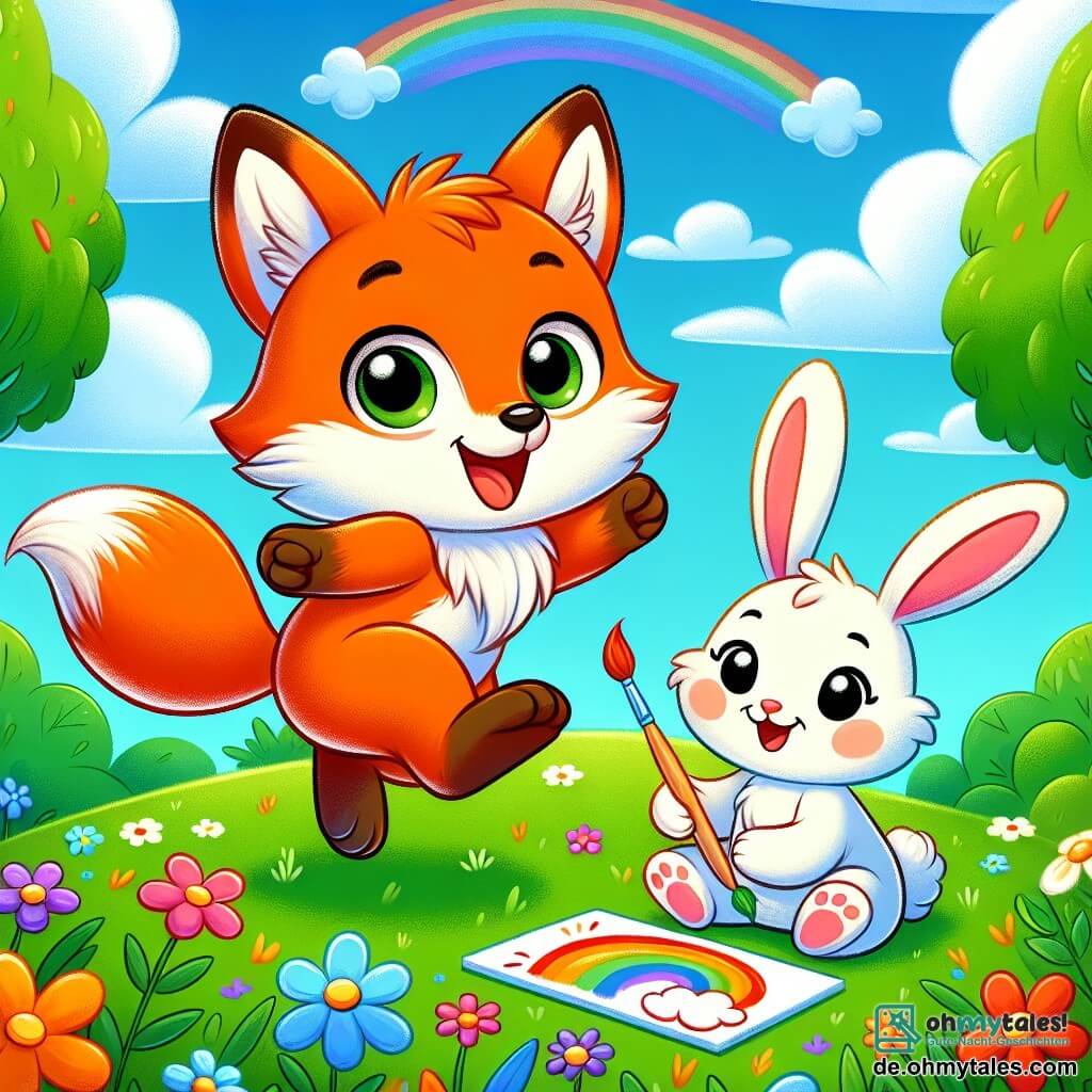 Ein kleiner Fuchs namens Felix mit leuchtend orangefarbenem Fell und großen neugierigen Augen springt fröhlich in einem bunten Blumenfeld, ein breites Lächeln auf seinem Gesicht. Neben ihm sitzt ein kleines weißes Kaninchen namens Hanni mit langen Ohren und einem fröhlichen Ausdruck, das einen Regenbogen auf eine Leinwand malt, während es auf dem grünen Gras sitzt. Im Hintergrund ist ein strahlend blauer Himmel mit flauschigen Wolken und Bäume mit üppigem Laub umgeben das Feld und schafft eine fröhliche Sommeratmosphäre. Die Szene zeigt Felix und Hanni, die zusammen Spaß haben und symbolisiert Freundschaft und die Magie der Sommerferien.