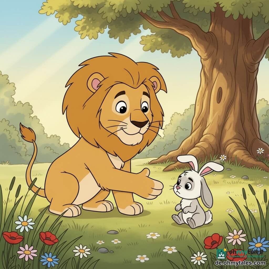 Ein klar als Löwe erkennbarer erwachsener Löwe mit dichter goldener Mähne und hellem beigen Fell, wohlwollendem, ermutigendem Ausdruck, großen runden Augen und Lächeln; er hockt und reicht eine Pfote zu dem kleinen Hasen. Ein kleiner Hase namens Felix, weiß mit hellgrauen Flecken, langen leicht hängenden Ohren, schüchtern aber neugierig; er sitzt im Gras und schaut den Löwen an, bereit zu einem kleinen Satz. Szene: sonnige Lichtung in einem großen grünen Wald mit hohem Gras, bunten Blumen (Gänseblümchen und Mohn), einer Eiche im Hintergrund und Sonnenstrahlen; Hauptsituation: der Löwe hilft dem Hasen nach einem Sturz, beruhigende spielerische, sanft-fröhliche Stimmung. Warme Pastellfarben, klare Konturen, einfacher gut lesbarer Cartoonstil für Kleinkinder.