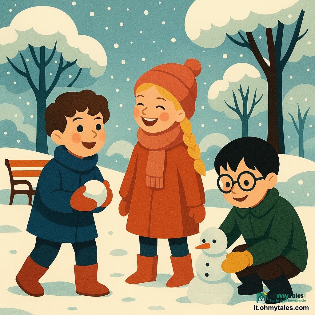 Ci sono 3 personaggi: un ragazzo di 8 anni, Tommaso, con capelli castani e ricci, indossa un cappotto blu e stivali rossi, tiene una palla di neve in mano e si trova a sinistra. Una ragazza di 8 anni, Sara, con capelli biondi raccolti in una treccia, indossa una sciarpa rosa e un berretto abbinato, ride guardando Tommaso e si trova al centro. Un ragazzo di 8 anni, Marco, con capelli neri e occhiali rotondi, indossa un cappotto verde e guanti gialli, è accovacciato mentre modella un piccolo pupazzo di neve a destra. Il luogo è un parco innevato, con alberi coperti di neve scintillante e una panchina di legno mezza sepolta sotto la neve. Il terreno è coperto da uno spesso strato di neve bianca che brilla sotto la luce soffusa di un cielo invernale grigio chiaro. La situazione principale mostra i tre bambini che giocano gioiosamente nella neve. Tommaso lancia delicatamente una palla di neve verso Sara, che scoppia a ridere, mentre Marco modella un pupazzo di neve in miniatura. L'atmosfera è gioiosa e amichevole, con fiocchi di neve che cadono dolcemente intorno a loro.