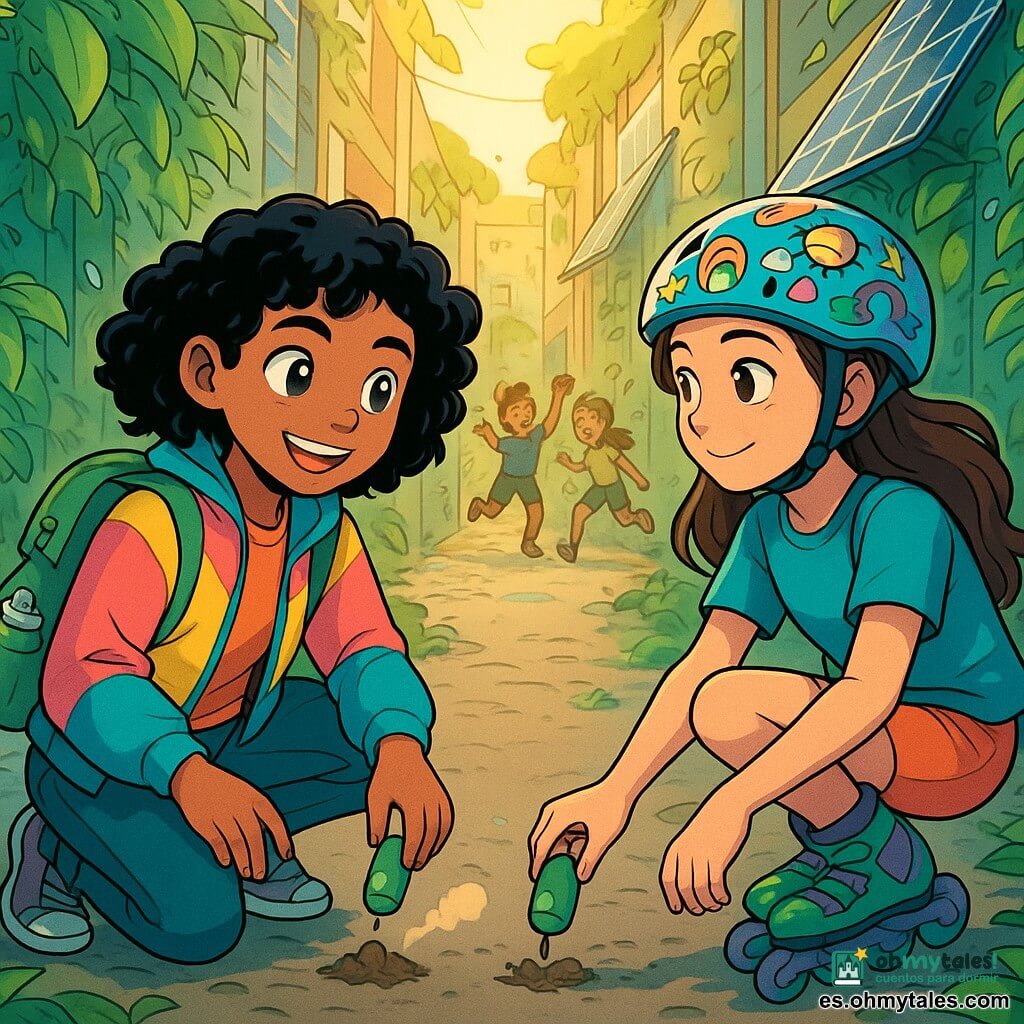 Una niña de 12 años, Aisha, está de pie en un callejón futurista, con los ojos brillantes de emoción y una ligera sonrisa en su rostro. Tiene el cabello negro rizado, una chaqueta ligera de colores vivos y una mochila de tela reciclada llena de gadgets ecológicos. A su lado está Zuri, una joven de 14 años, con un casco decorado con pegatinas coloridas y patines flotantes, que mira a Aisha con complicidad, lista para ayudarla. El lugar es un callejón estrecho, bordeado de paredes cubiertas de plantas exuberantes y paneles solares brillantes, donde gotas de agua caen suavemente de las hojas, creando un ambiente fresco y relajante. Al fondo, un grupo de niños juega, riendo y corriendo, mientras una brisa ligera hace danzar las hojas. La situación principal muestra a Aisha y Zuri plantando cápsulas de semillas innovadoras en el suelo, con gestos decididos, esperando refrescar el callejón. Rayos de sol filtran a través de las hojas, iluminando la escena con una luz dorada, mientras una ligera nube de vapor se eleva a su alrededor, simbolizando el cambio positivo que desean traer a su ciudad.