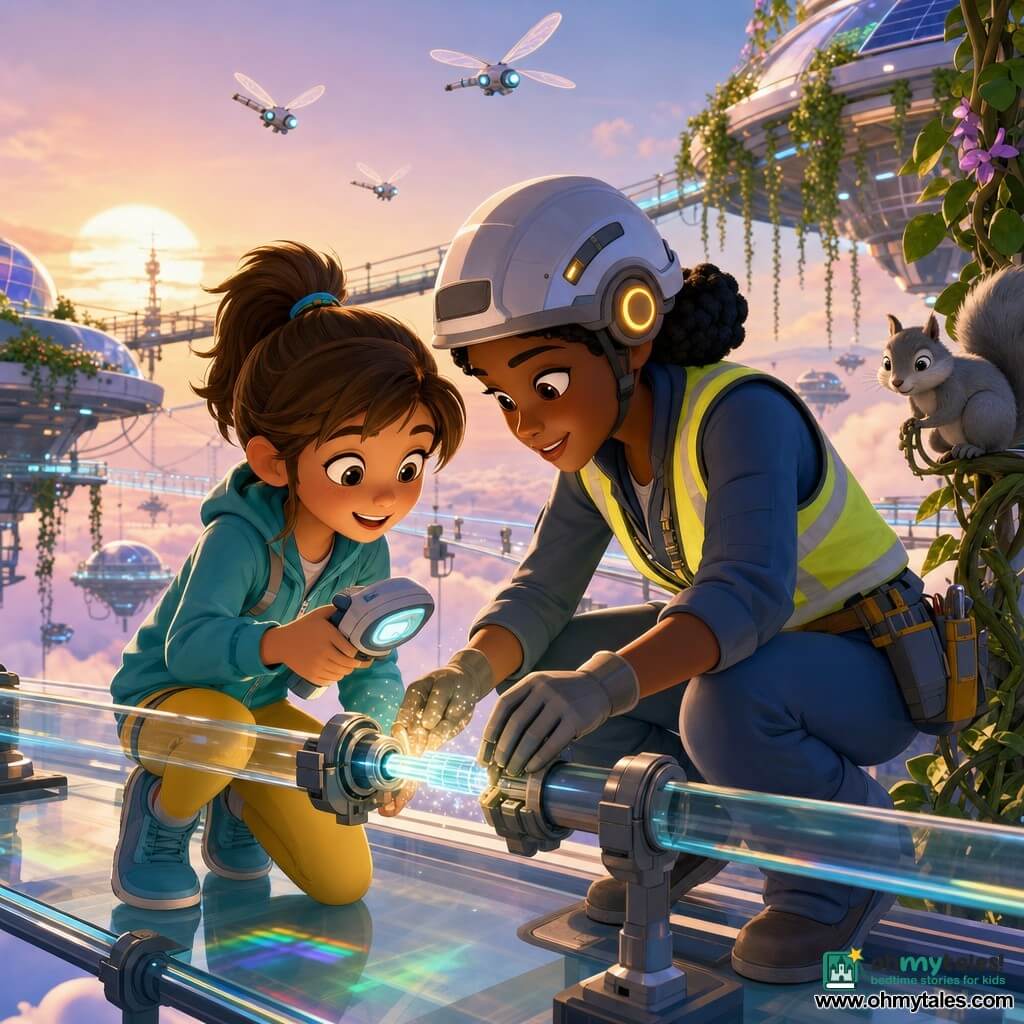 A smiling, wide-eyed 10-year-old girl named Lila with brown hair in a ponytail and colorful clothes (turquoise jacket, yellow leggings) holds a small glowing scanner and helps insert a pale-blue glowing glass filament; a focused, kind 28-year-old technician, Zara, wearing a helmet and neon-yellow vest, crouches on the maintenance walkway showing her how to secure the filament. In the background a curious silver squirrel perches on a vine. The setting is a futuristic suspension bridge of translucent glass threads and narrow walkways connecting floating balloon-stations topped with hanging gardens and solar panels at pastel sunrise, with dragonfly-drones passing by. Lila and Zara are repairing a cracked luminous strand under the bridge, the filament’s glow lighting their faces with soft sparks and rainbow reflections on the glass, creating a small, optimistic technical adventure.