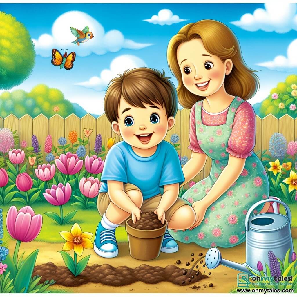 A 6-year-old boy, Max, with brown hair and sparkling eyes, is crouched in a sunny garden, grinning widely as he plants flower seeds in the soil. He wears a bright blue t-shirt and beige shorts, his hands covered in dirt, showing his enthusiasm for gardening. Next to him, his mom, a woman in her 30s with brown hair and a warm smile, watches him proudly. She is dressed in a light floral dress and holds a watering can, ready to water the seeds Max just planted. The garden is filled with vibrant colors: pink tulips, yellow daffodils, and violets, under a clear blue sky with fluffy white clouds. Birds are singing in the trees, and a small butterfly flits around them. The main scene depicts Max and his mom planting flowers together, symbolizing the start of spring and the joy of sharing family moments in nature.