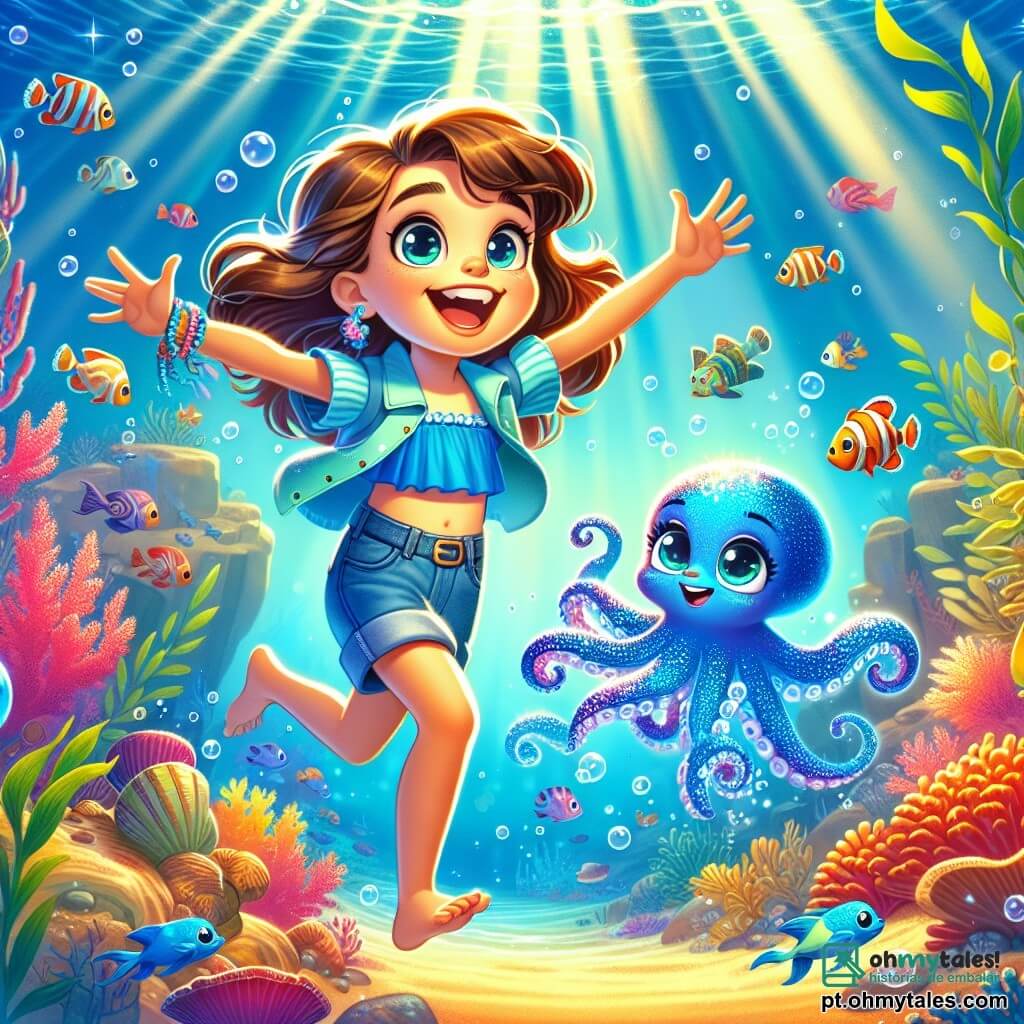 Uma menina de 12 anos, Mia, com cabelos castanhos ondulados, olhos curiosos e um sorriso encantado, nada alegremente em águas cristalinas, cercada por peixes coloridos. Ela usa um maiô azul e um short jeans, com os braços abertos, expressando uma alegria contagiante. Ao seu lado, um pequeno polvo azul chamado Lumo, com tentáculos brilhantes, dança alegremente, seus olhos brilhando de inteligência. O fundo do mar está repleto de corais vibrantes, algas ondulantes e raios de luz filtrando pela superfície da água, criando uma atmosfera mágica. A cena principal mostra Mia e Lumo descobrindo um antigo tesouro submarino, uma pedra azul brilhante, cercada por bolhas de ar, enquanto águas-vivas iluminam a cena com um brilho suave e encantador.