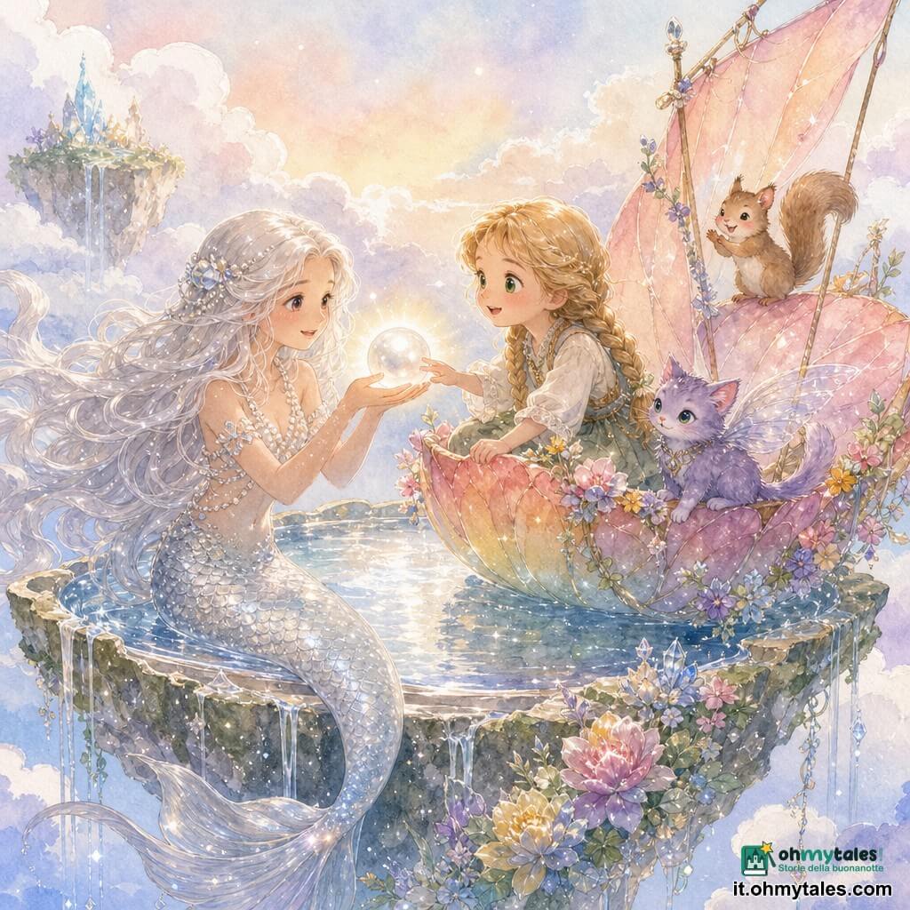 Una sirena di nome Lira, serena e meravigliata, capelli lunghi color perla e coda argentata iridescente, tiene tra le mani una grande perla luminosa che illumina il volto; accanto a lei, su una barca di fiori colorati, una bambina umana di circa nove anni, Miria, occhi verde smeraldo e trecce dorate, porge la mano per toccarla; intorno piccole creature amichevoli — un gatto alato viola sul bordo della barca e uno scoiattolo dalle guance rosa su una vela di petali — su un'isola galleggiante tra nuvole bianche e cielo pastello, sopra una superficie d'acqua sospesa a specchio, con rocce scintillanti, fiori luminosi e aloni dorati: scena magica, pacifica e luminosa in morbidi colori acquerellati con tocchi brillanti in bianco.