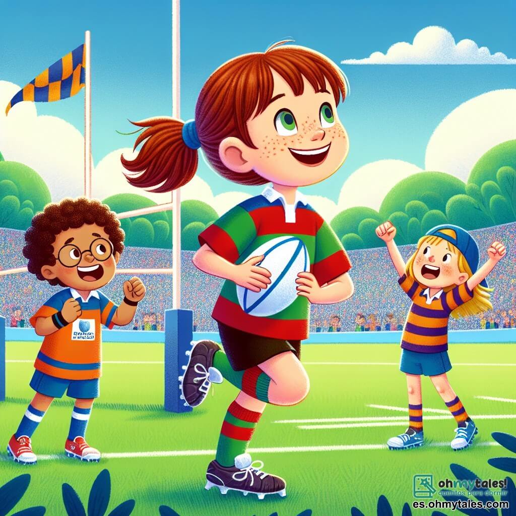 Una niña de 10 años, Lucía, se encuentra en el centro del campo de rugby, con una gran sonrisa en su rostro, su cabello castaño recogido en una coleta. Lleva un colorido uniforme de rugby, con una camiseta a rayas y un short, sosteniendo un balón de rugby bajo el brazo, lista para marcar un try. A su derecha, su amigo Mateo, un niño de 11 años con gafas y cabello rizado, aplaude con entusiasmo, vestido con la camiseta del equipo. A su izquierda, Carla, una niña de 10 años con cabello largo y rubio, hace gestos de motivación, usando una gorra al revés y un short deportivo. El campo es verde, rodeado de espectadores entusiastas, con árboles al fondo y un cielo azul con nubes blancas. Banderas del equipo ondean al viento, añadiendo un toque festivo a la atmósfera. Lucía, llena de determinación, se lanza hacia la línea de ensayo, lista para marcar el punto decisivo para su equipo, mientras sus amigos la animan con gritos de alegría.