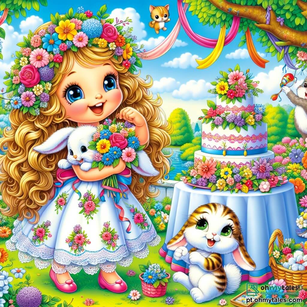Uma menina de 6 anos chamada Sofia, com longos cabelos cacheados e dourados, usa um vestido colorido adornado com flores. Ela tem um grande sorriso no rosto, transbordando de emoção enquanto segura um buquê de flores multicoloridas nos braços. Ao seu lado, um coelhinho travesso chamado Peludo, com pelagem branca e grandes orelhas, pula alegremente, carregando uma pequena cesta cheia de flores. Um pouco mais longe, uma doce gatinha chamada Mimi, com pelagem listrada e olhos verdes brilhantes, brinca com fitas coloridas penduradas nos galhos das árvores. A cena acontece em um jardim encantador, cheio de flores vibrantes, árvores frondosas e um céu azul claro com nuvens brancas fofas. No centro, uma grande mesa decorada com um bonito toalha e um bolo de chocolate, cercada por guirlandas de flores e balões flutuantes, cria uma atmosfera festiva. Sofia e seus amigos preparam uma surpresa alegre para o Dia das Mães, com risos e alegria, enquanto decoram o jardim para receber sua mãe.