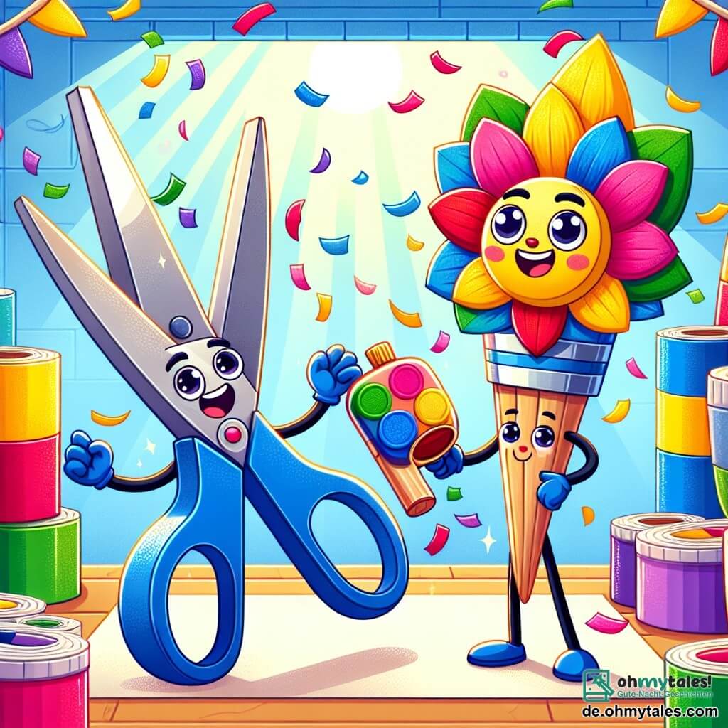 Eine Hauptfigur ist eine bunte Schere mit glänzenden Klingen und einem lebhaften Griff, die große Entschlossenheit und ein fröhliches Lächeln ausdrückt. Sie schneidet farbenfrohe Papierblumen aus, umgeben von herumfliegenden Konfetti. Neben ihr steht ein lächelnder Pinsel mit bunten Borsten und einem Holzgriff, der bewundernd zuschaut und eine leuchtende Farbpalette hält. Er wirkt begeistert und bereit zu helfen. Etwas weiter weg bereitet sich eine freundliche Kleberöhre mit funkelnden Augen darauf vor, die ausgeschnittenen Blumen auf eine große Bühne zu kleben. Sie zeigt einen konzentrierten Ausdruck, bereit, ihren Teil zum Projekt beizutragen. Die Szene findet in einer hellen und bunten Bastelwerkstatt statt, die mit Papierrollen, Farbtöpfen und verschiedenen Werkzeugen gefüllt ist, während Sonnenstrahlen durch ein Fenster strahlen und den Raum warm erleuchten. Die Hauptsituation zeigt die Schere beim enthusiastischen Schneiden von Papierblumen, während die anderen Werkzeuge fröhlich zusammenarbeiten, um eine wunderschöne Dekoration für eine Festbühne zu schaffen, was die Bedeutung von Teamarbeit und Gleichheit der Talente verdeutlicht.