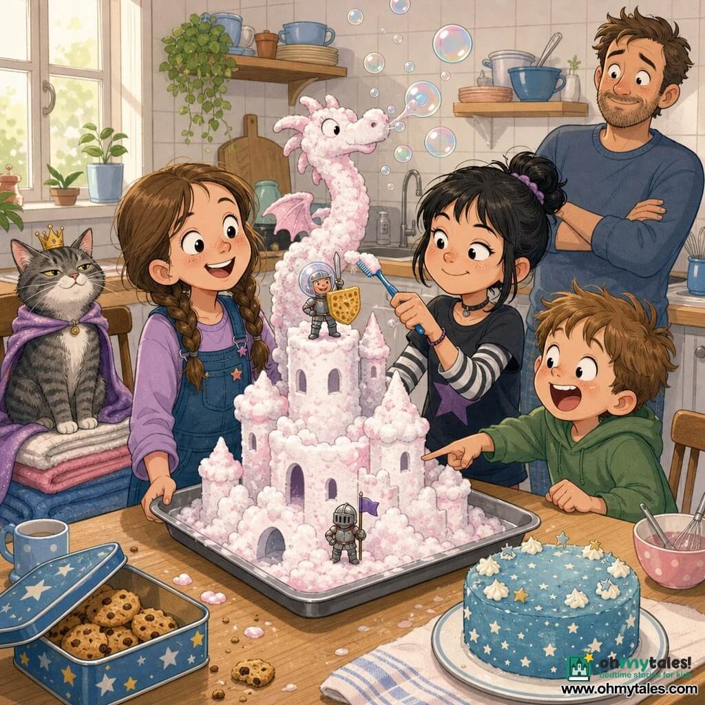 Mina, a radiant 10-year-old with braided brown hair, holds a large metal tray with a white-pink foam castle on the counter; to her right Jaya, about 10, smiling with tied black hair, taps a foam tower with a toothbrush; Tom, about 6, tousled hair and open-mouthed, points at a small knight figurine on the tray's front edge; Sir Suds, a small foam knight with a bubble helmet and sponge shield, stands heroically atop the highest tower; Blub, a foam dragon with a wavy neck and floppy wings, blows bubbles toward the ceiling in the background; Whiskers, an adult gray tabby cat, sits on a folded-towel throne on a nearby chair with an amused regal look; the father stands by the sink, arms crossed, watching with a bemused expression; the bright, warm kitchen has a light wood counter, white tiles, a large window with soft light, ordinary dishes and an open cake box; overall a joyful, slightly absurd scene of the family admiring a foam castle on a tray, bubbles floating, small hands fixing towers, a blue starry cake on the table, pastel colors, rounded shapes and visible foamy textures.