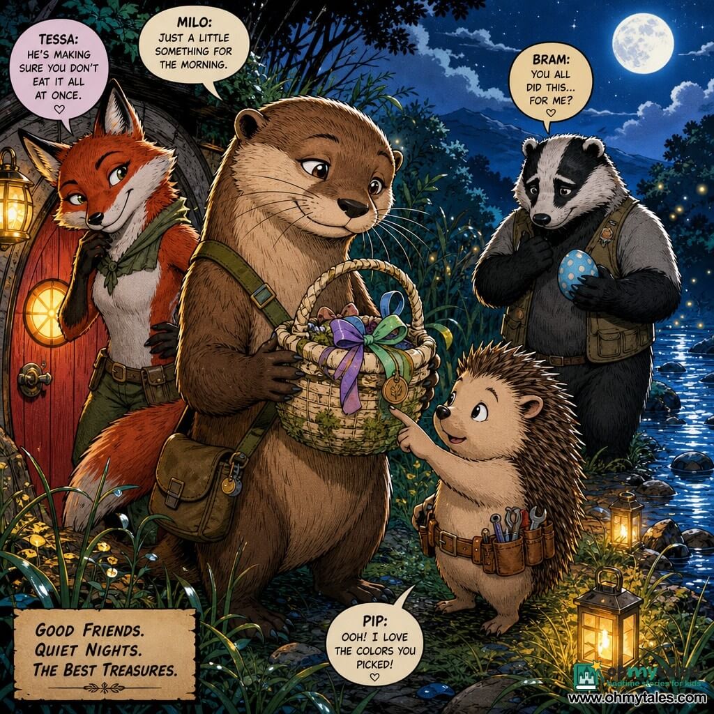 Milo, a light-brown anthropomorphic otter with fine whiskers, calm face and tender smile, gently holds a cream-and-moss woven Easter basket in front of a small round red door; he wears a small shoulder satchel and looks at the basket fondly. Tessa, a slim red fox with bright eyes and a mischievous but softened expression, stands behind him with one paw on her hip as if she just told a kind joke. Pip, a small round hedgehog with a pocket belt of tools and a shy enthusiastic air, points at the basket's colorful ribbon. Bram, a stocky gray-and-black badger, looks relieved and moved, standing slightly back near the bushes holding a blue-dotted painted egg. Night by a stream with wet grass, hanging lanterns and moonlight glinting on the water; round earthen houses and doors in the background. A tender, luminous moment as friends leave a magical Easter basket at a home's door, warmed by soft pastel colors with golden accents and visible textures of fur, wicker and moss.