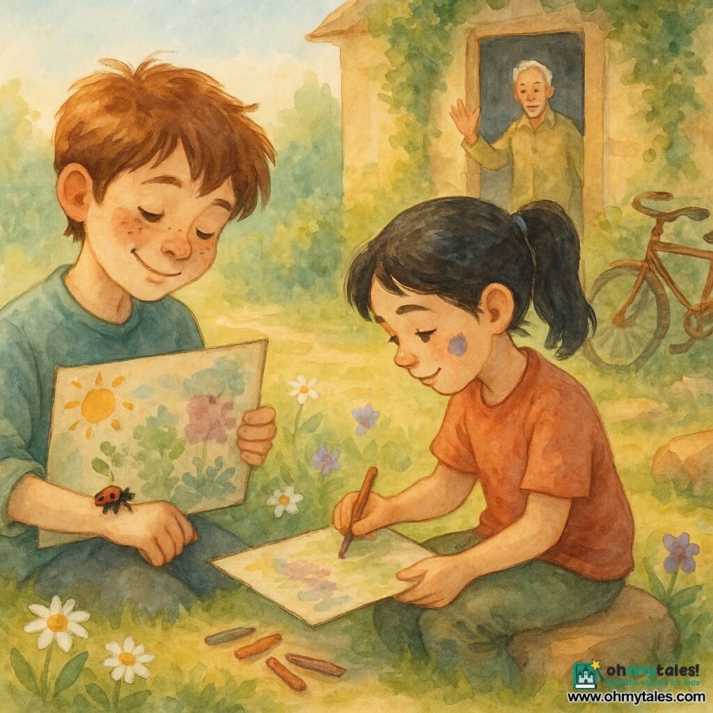A 10-year-old freckled boy with tousled brown hair and a gentle, amazed expression holds a hand-painted cardboard and shyly smiles at a small ladybug on his arm while a girl of about 10, Mila, with black hair in a ponytail and a paint smudge on her cheek, sits beside him on a warm stone adding a small purple dot to the drawing with a pencil; in the background Mr. Thompson, about 65 with gray hair and simple clothes, stands in his doorway with a warm, surprised look and a raised hand as if accepting the picture; the setting is a vacant lot turned fledgling garden with tender green grass, scattered daisies and violets, a rusty bicycle against a ivy-covered step, warm stones and a thin sunlit stream; soft watercolor palette—pale greens and yellows, warm reds and light blue sky—golden morning light, fluid textures and delicate outlines, tender optimistic mood.