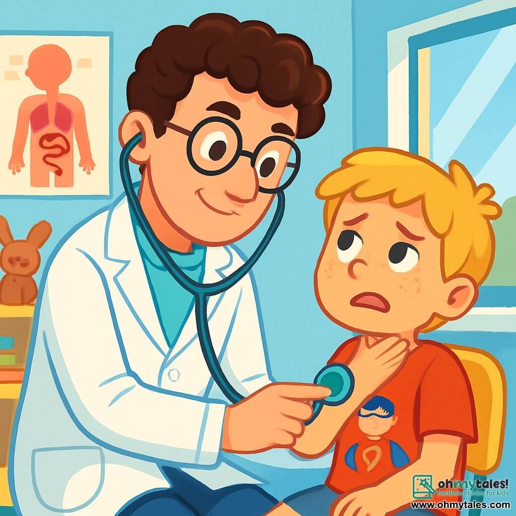 Dr. Leo is a smiling man with curly brown hair and round glasses. He wears a bright white coat and a shiny stethoscope around his neck. His face shows determination and kindness as he examines a young patient. Max, an 8-year-old boy with freckles and blonde hair, is sitting on a chair, holding his throat with a pained and worried expression. He is wearing a red t-shirt with a superhero on it. The scene takes place in a bright and welcoming clinic, with light blue walls and colorful posters of anatomical models. Stuffed toys are scattered on the shelves, and a large window lets in sunlight. Dr. Leo is attentively listening to Max with his stethoscope, ready to reassure and treat him, while Max, a bit nervous, awaits answers.