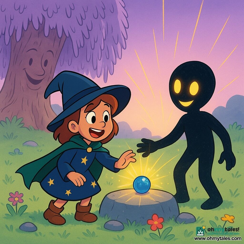 Ivy, an about-8-year-old apprentice witch, looks delighted and wears a short midnight-blue dress with embroidered stars, brown leather boots and a small green cape as she places a small glowing blue marble on a central stone; Mira, a nonhuman shadow scout, appears as a soft-edged translucent black silhouette with golden lantern eyes and a shimmering shadow texture, holding Ivy’s hand and encouraging her; an ancient willow with a smiling face carved in its bark and drooping lavender leaves watches kindly from the background; the scene is a lavender-lit magical meadow with pale green whispering grass, a circle of smooth grey stones around a small mound, and thin golden threads connecting ground to sky; as Ivy sets the marble the stone glows with a golden halo, flowers burst into color and the golden threads reach upward, creating a shared moment of magical awakening and joy.