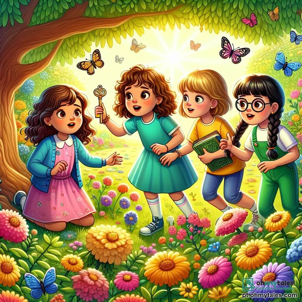 Quatro meninas, com idades entre 8 e 9 anos, estão em um jardim ensolarado. Lili, com cabelos castanhos e cacheados, usa um vestido rosa e segura uma chave dourada na mão. À sua direita, Ana, com cabelos loiros e lisos, veste uma camiseta azul e observa a chave com curiosidade. Joana, com cabelos castanhos e óculos, usa um macacão verde e anota em um pequeno caderno. Por fim, Bela, com cabelos negros trançados, está de shorts amarelos e aponta para uma direção, animada com a aventura. O jardim é repleto de flores coloridas, borboletas voando e uma grande árvore de folhagem densa, criando uma atmosfera alegre e misteriosa. As quatro meninas, como pequenas detetives, descobriram uma chave misteriosa e decidiram procurar seu proprietário, prontas para resolver esse mistério juntas.
