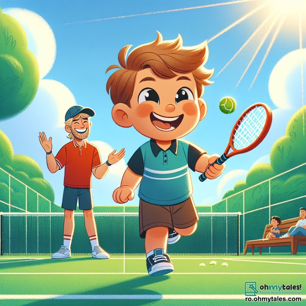 Un băiat de 2 ani, cu părul brun dezordonat și ochii strălucind de bucurie, aleargă pe un teren de tenis verde, ținând o rachetă mică în mâini. Zâmbește larg, arătându-și dinții mici, și pare foarte încântat să se joace. Lângă el, un băiat de 3 ani, cu părul blond și un tricou roșu, îl încurajează ridicând brațele în aer, pregătit să lovească mingea. Terenul de tenis este înconjurat de copaci verzi luxurianți și un cer albastru deschis, cu câteva nori albi pufoși plutind ușor. Razele soarelui iluminează scena, creând o atmosferă veselă și dinamică. Cei doi băieți se distrează împreună, lovind mingea de tenis cu entuziasm, în timp ce o vedetă a sportului, un bărbat adult zâmbitor cu o șapcă, îi observă și îi încurajează de la marginea terenului.