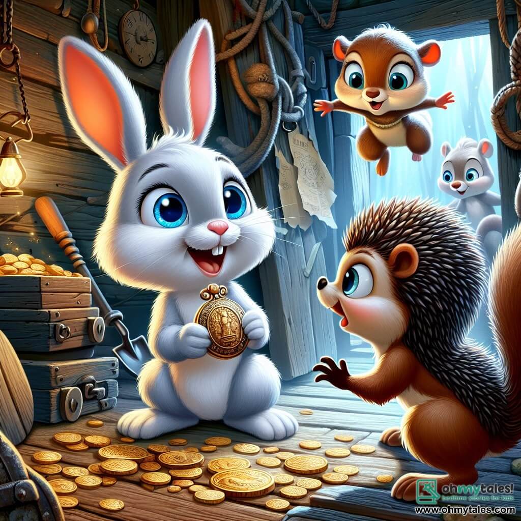In the center of the image, Benny, a small rabbit with bright white fur and sparkling blue eyes, is holding an old golden locket in his front paws, with a look of surprise and excitement on his face. His large ears are perked up, and he seems ready to uncover a secret. Next to him, Lila, a small squirrel with brown fur and a bushy tail, jumps for joy, her eyes shining with curiosity. She holds a treasure map in her paws, looking at Benny with enthusiasm. Just behind, Jasper, a hedgehog covered in spines, watches the scene closely, his round eyes filled with wonder as he holds a wooden shovel. The setting is an old mysterious house, with worn wooden walls, dusty furniture, and cobwebs in the corners. Light filters through a broken window, creating a magical and intriguing atmosphere. The main scene shows Benny and his friends discovering hidden treasure, surrounded by old objects, with a palpable sense of adventure and mystery in the air.