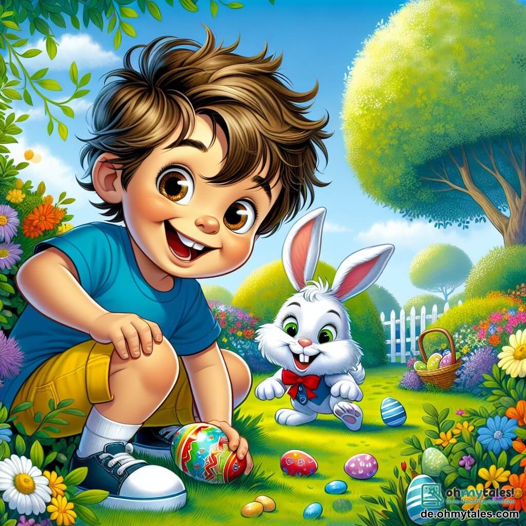 Ein vierjähriger Junge, Max, mit zerzausten braunen Haaren und strahlenden Augen, sucht in einem sonnigen Garten nach bunten Eiern. Er trägt ein blaues T-Shirt und eine gelbe Shorts und hockt sich mit einem breiten Lächeln, um unter einem Busch zu schauen. Neben ihm springt ein kleiner weißer Hase mit großen Ohren und einer roten Fliege fröhlich herum und ermutigt ihn, weiterzusuchen. Der Hase wirkt sehr begeistert und zeigt auf ein Ei, das hinter einer Blume versteckt ist. Der Garten ist voller bunter Blumen, großer grüner Bäume und einem strahlend blauen Himmel. Bunte Ostereier sind zwischen den Büschen und Blumen verteilt und schaffen eine festliche, fröhliche Atmosphäre. Die Hauptsituation zeigt Max und den Hasen bei der Ostereiersuche, umgeben von Glück und Aufregung, während sie die versteckten Überraschungen im Garten entdecken.