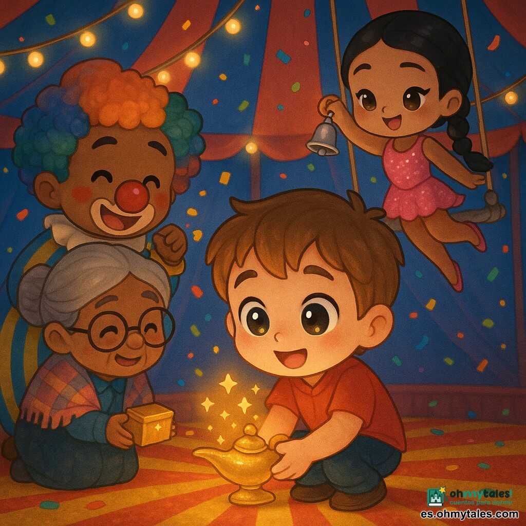 Un niño de 6 años, cabello castaño claro corto, ojos grandes y brillantes y sonrisa curiosa, agazapado y con las manos juntas, sostiene una pequeña lámpara dorada que proyecta estrellas; a su izquierda una anciana taquillera de ~70 años con gafas redondas y chal a cuadros le entrega una cajita brillante; detrás y a la izquierda, un payaso adulto (~35) con nariz roja y peluca rizada multicolor, traje a rayas azul y amarillo, sopla un confeti dorado; a la derecha y en alto, una trapecista (~25) de trenza negra y traje rosa brillante balancea suavemente una campanilla plateada. La escena ocurre bajo una gran carpa de circo azul y roja, suelo de alfombra roja y dorada, guirnaldas luminosas y confeti flotando; momento central: el niño descubre un billete dorado y la lámpara que proyecta estrellas, todos lo rodean escuchando atentamente, ambiente cálido, colores vivos y luz dorada sobre la lámpara. Estilo: chibi kawaii, proporciones redondeadas, ojos grandes, contornos nítidos, paleta pastel saturada con acentos dorados y rojos, expresiones tiernas.