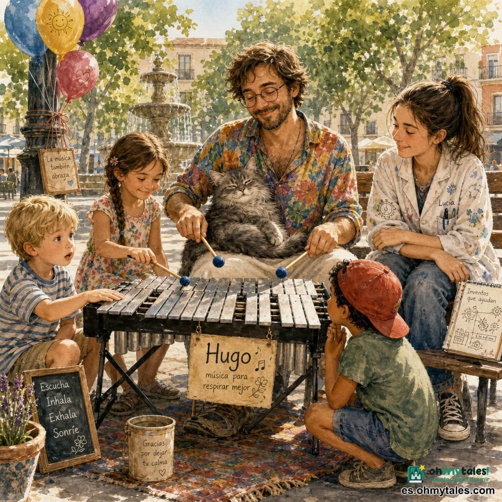 Hugo, hombre de treinta y tantos, sonriente y sereno, toca suavemente un vibráfono portátil con dos macillos; Lucía, adolescente, lo observa admirada desde un banco; varios niños —un niño pequeño con la mano sobre una barra, una niña que golpea otra barra con sonrisa traviesa y otro niño agachado escuchando el eco— forman un círculo y aprenden a respirar mientras escuchan la melodía; el gato Nube duerme en las piernas de Hugo; todo ocurre en una plaza soleada con árboles, una fuente baja y algunos globos, en una atmósfera cálida y convivencial.