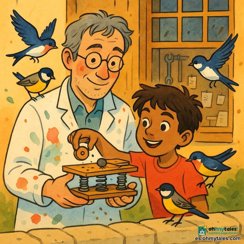 Un inventor de unos 45 años, cabello canoso y gafas redondas, con bata manchada de pintura, sostiene una pequeña plataforma mecánica de madera y metal; a su izquierda, Miguel, un niño de 9 años de pelo castaño alborotado, coloca una rueda de madera en el aparato; varios pajaritos coloridos (golondrinas y herrerillos) con plumaje azul, amarillo y marrón se posan en la plataforma y picotean semillas que caen; la escena ocurre sobre un pequeño muro de piedra frente a un taller de madera con ventanas de cruceta y herramientas, con luz cálida de atardecer; ambos prueban un mecanismo con piezas móviles y resortes que libera semillas, creando una atmósfera alegre.