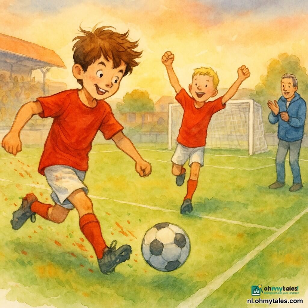 Een enthousiaste, geconcentreerde jongen met een glimlach, warrig bruin haar, rood shirt en witte short geeft met zijn rechtervoet een beslissende pass; zijn vriend Liam (ongeveer 11 jaar, kort blond haar, zelfde rood shirt) ontvangt de bal vlak bij het doel en viert met opgeheven armen, iets voor en rechts van de hoofdfiguur; een volwassen coach van circa 40 jaar met grijzend haar en blauwe jas klapt vanaf de zijlijn; setting: klein buurtstadion bij zonsondergang met groene grasmat, nette witte lijnen, wit doel met net in aquarelstijl en vage tribunes vol geschetste kinderen en ouders; scène net voor het schot, energie, kameraadschap en warme avondkleuren met gecontroleerde aquarelblosjes die beweging en vreugde benadrukken.