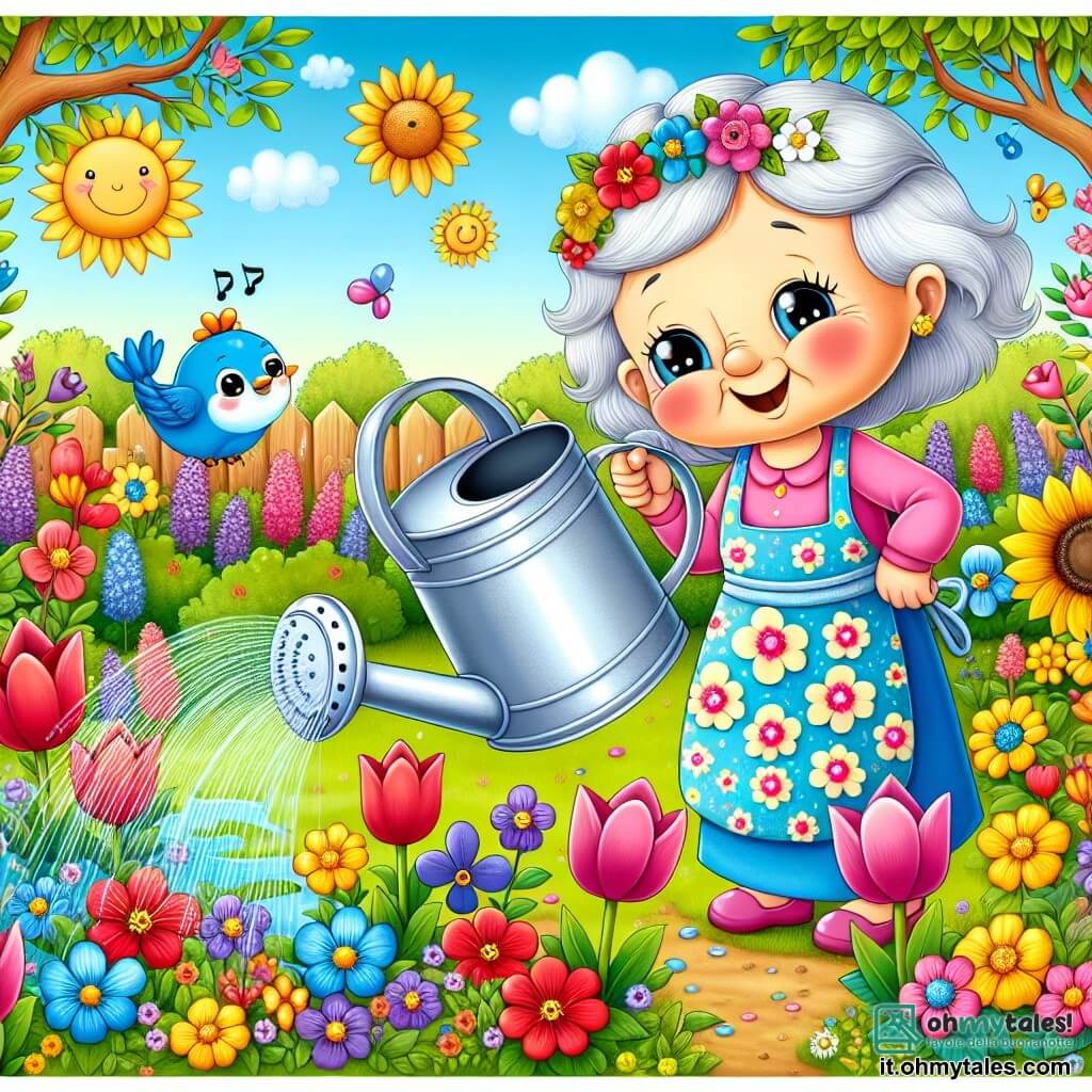 Un piccolo annaffiatoio di metallo chiamato Goccia, con occhi scintillanti e un sorriso gioioso, si trova al centro di un giardino colorato, mentre annaffia fiori vivaci con una dolce pioggia d'acqua. Accanto a lui, una gentile nonna, nonna Rosa, con capelli argentati e un grembiule floreale, osserva con orgoglio, il suo viso radioso di felicità. Un uccellino blu di nome Canto, posato su un ramo, canta allegramente, con le ali spiegate, aggiungendo un tocco di musica alla scena. Il giardino è pieno di fiori di tutti i colori: tulipani rossi, violette blu e girasoli gialli che si ergono verso il cielo soleggiato. La scena principale mostra Goccia e nonna Rosa che lavorano insieme, circondati dalla bellezza della primavera, celebrando la magia della natura che si risveglia.