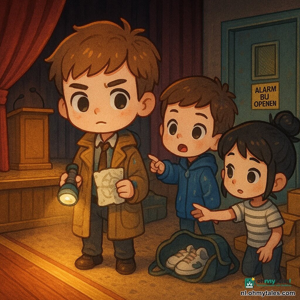 Een geconcentreerde nieuwsgierige detective Bram met warrig lichtbruin haar, ernstige maar zachte blik, te groot lichtbruin mantel, houdt een kleine zaklamp en een gekreukte schetsvel; naast hem Finn (11–12) bezorgd maar dapper, kort bruin haar, natte blauwe regenjas met capuchon wijst naar een dienstdeur achter het podium; Mila (circa 12) verlegen maar vastberaden, zwart haar in rommelige knot, gestreept shirt, reikt naar het vel om te bevestigen wat ze zag; op de achtergrond het aula-podium met opzij geschoven wijnrode gordijn, glanzende houten vloer met lange kras, diffuse gele spots boven het podium, stoffig tapijt en een opengaande metalen nooduitgang met deels gescheurde sticker “Alarm bij openen”; op de grond bij de deur een open sporttas met witte sneakers met groene band; warme lichten, zachte schaduwen, schattige chibi-stijl met ronde trekken, verzadigde kleuren en textuurrijke details, speels onderzoeksmysterie voor kinderen.