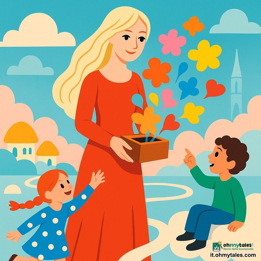 Una donna adulta dal viso dolce, capelli lunghi color avorio come fili di luce, occhi grandi e brillanti, sorriso sereno, tiene una piccola scatola di legno aperta da cui escono fiori fatti di parole colorate; una bambina di circa 6 anni con trecce rosse e vestito blu a pois corre in basso a sinistra con le braccia tese verso i fiori che cadono; un ragazzo di circa 8 anni con maglione verde e capelli ricci è seduto su una bassa nuvola a destra, un po' più indietro, meravigliato mentre indica un fiore-parola; il luogo è un regno di nuvole in un cielo pastello con case a conchiglia luminose, sentieri argentati e una torre di vetro sullo sfondo, il terreno è fatto di fili di luce serpeggianti; la donna scende sul filo di luce distribuendo i fiori-parola ai bambini in una scena calma, gioiosa, con colori contrastanti, blocchi netti di colore, forme semplici e silhouette chiare.