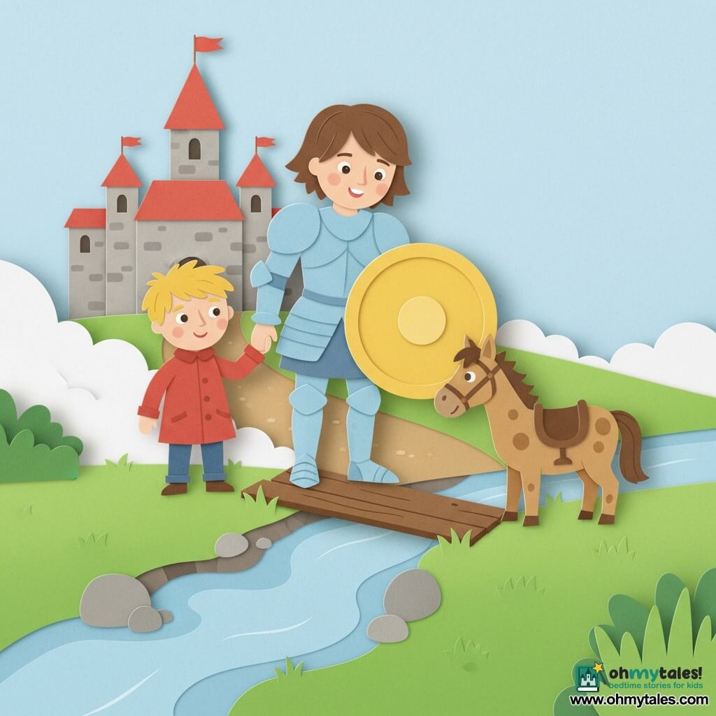 A smiling, kind female knight with short brown hair in light blue armor and a large round yellow shield lays a wooden plank over a broken bridge to help a lost five-year-old blond boy in a red coat who holds her hand on her left; a small spotted brown pony waits to her right, a stone castle with red roofs and a gravel road sits in the distance, a pale-blue stream with round stones and bright green grass flows below — bright, simple, paper-cut textures, clear friendly expressions, composition centered on the knight helping the boy.