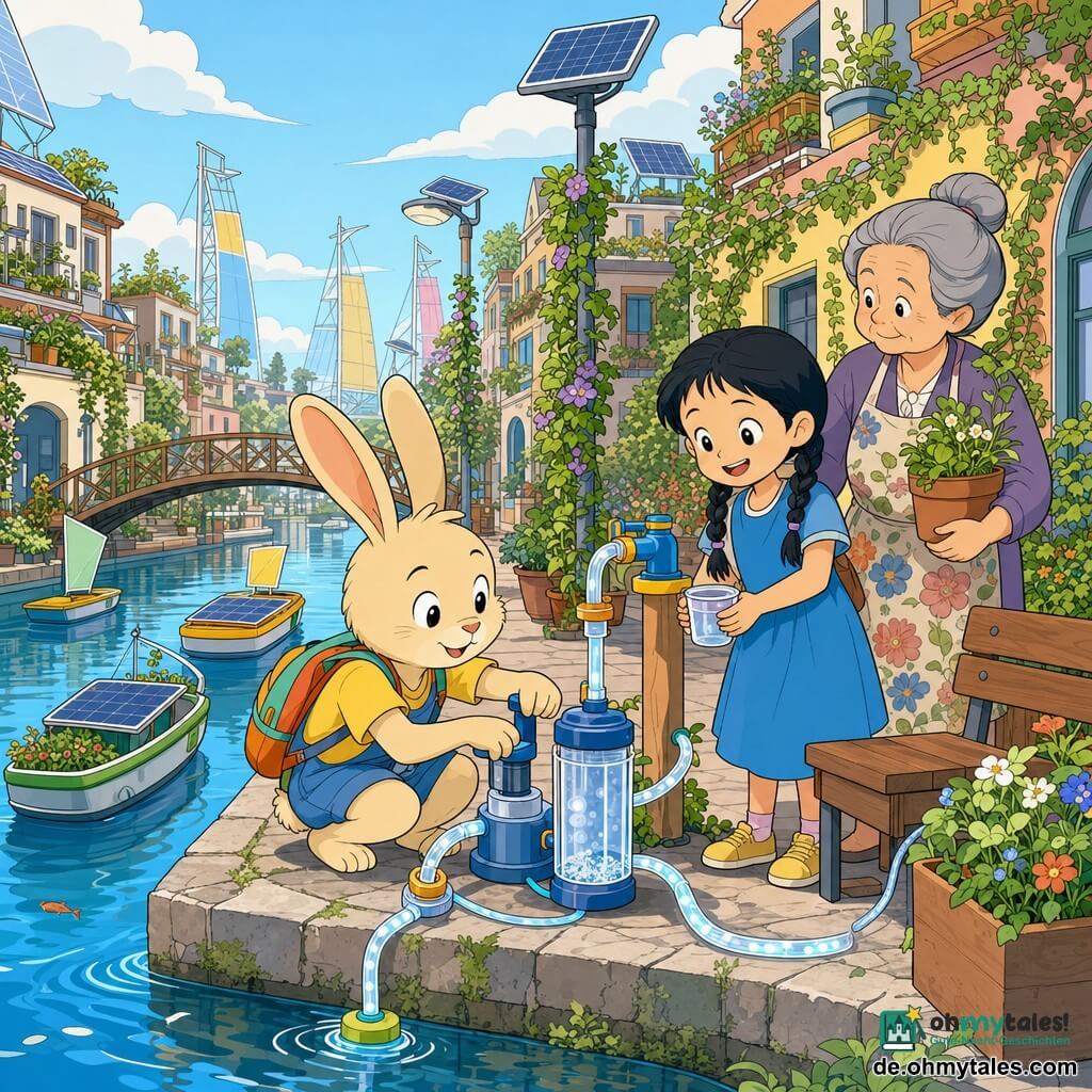 Die Hauptfigur ist ein kleiner anthropomorpher Hase mit langen weichen Ohren, hellem beigen Fell, runden schelmischen Augen und fröhlich-konzentrierter Miene, mit buntem Rucksack, der am Ufer eines ruhigen Kanals hockt und ein kleines Plastikpumpen- und Filtersystem installiert; Nebenfiguren: Mina, ein achtjähriges Mädchen mit zwei schwarzen Zöpfen und blauem Kleid, hält einen Becher und steht lächelnd neben einer kleinen Bank, sowie eine ältere Frau mit grauem Dutt und geblümter Schürze, die einen Topf mit Pflanzen hält und hinter der Gruppe nahe der Bank steht; Ort: städtische Promenade am Kanal mit begrünten Dächern, kleinen Solarbötchen, hölzernen Stegen, Solarlampen und Kletterpflanzen; Situation: gemeinschaftlicher Aufbau eines temporären Wasserpunkts mit leuchtenden Schläuchen, kleinem Filter mit klaren Blasen, versammelten Nachbarn und Kindern, warme, saubere Atmosphäre in leuchtenden Pastellfarben im klaren, detaillierten europäischen Comicstil.