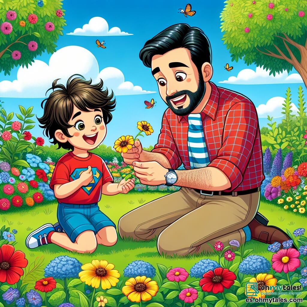 Un niño de 6 años llamado Lucas, con cabello castaño despeinado y ojos brillantes de curiosidad, está sentado en la hierba verde del jardín, rodeado de flores coloridas. Lleva una camiseta roja con un diseño de superhéroe y un pantalón corto azul. Lucas sonríe ampliamente, mostrando su asombro mientras sostiene una flor amarilla en sus manos. A su lado, su papá, el señor Carlos, de unos 35 años, tiene cabello negro y una barba bien cuidada. Viste una camisa de cuadros y pantalones beiges, se inclina hacia adelante con una sonrisa cálida, ayudando a Lucas a recoger flores. El jardín está lleno de flores brillantes de todos los colores: rojas, amarillas, azules y violetas, bajo un cielo azul claro con algunas nubes blancas. Árboles verdes bordean el jardín, y se pueden ver aves volando alegremente en el aire. La escena principal muestra a Lucas y su papá recogiendo flores juntos, compartiendo un momento de felicidad y complicidad, ilustrando la importancia de pasar tiempo en familia y descubrir la belleza del mundo natural, lejos de las pantallas.