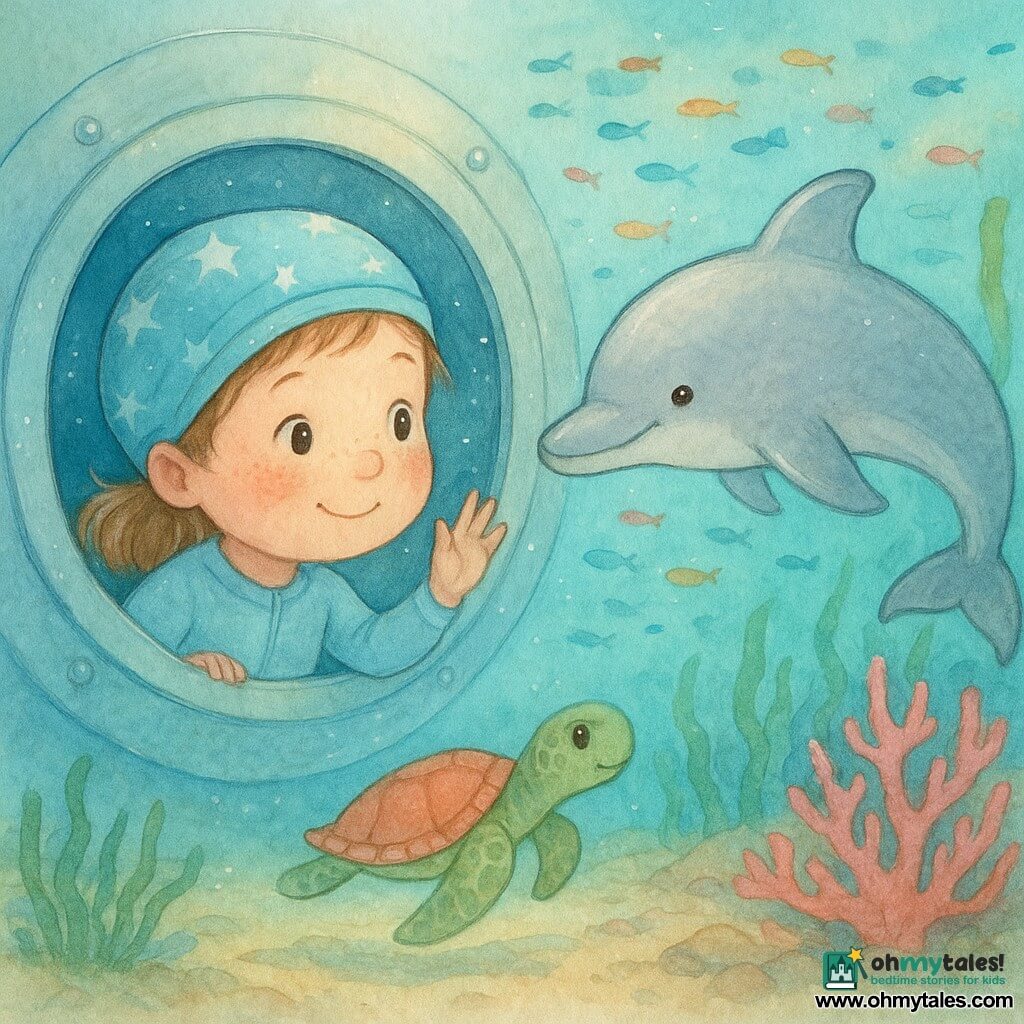 A 4-year-old girl with round cheeks and freckles in a sky-blue wetsuit and tiny star swim cap presses her hand to the porthole of a small submarine with a shy smile and curious eyes; a friendly dolphin named Dew, smooth pearly-gray, swims beside the window as if waving, while a sea turtle with a coral-and-emerald textured shell glides near a sandy path in the background; the scene is a bright underwater landscape of clear turquoise water, confetti-like schools of fish, swaying kelp forests, and an open pink coral gateway, the girl contemplating her course, both amazed and reassured with Dew as companion and the turtle guiding toward the coral portal.