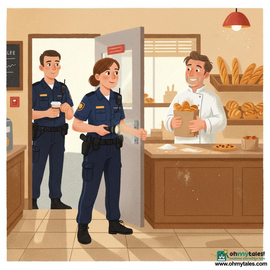A female police officer of about 30 with a gentle, focused face, neat navy uniform, radio on her shoulder and flashlight in hand, calmly and cautiously opening the back door of a small bakery; a baker of about 50 in a flour-stained white jacket with disheveled hair and slightly nervous hands stands behind the counter holding a paper bag of rolls and smiling with relief at the officer; a male police colleague of about 30 in a dark uniform holding a coffee cup stands in the doorway, watchful but relaxed to the left; the small neighborhood bakery in the morning has worn beige tiles, wooden shelves with baguettes and golden pastries, a flashing red alarm panel near the door, traces of flour on the shiny counter and soft golden light from the window; main situation: checking a triggered alarm, a peaceful reassuring scene with tension dissipated, calm gestures and cooperation between officer and baker, warm morning atmosphere.