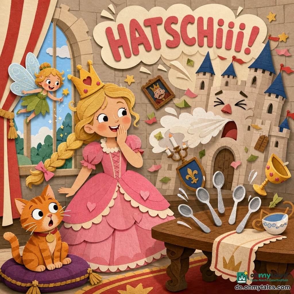 Lächelndes, schelmisches Prinzessinnenmädchen in rosa Rüschkleid, geflochtenem blondem Haar und schiefer goldener Krone, eine Hand vor dem Mund, daneben eine winzige blauflügelige Elfe in grünem Kleid, links am Fenster; gestreifter orangefarbener Hofkater mit großen Augen sitzt auf einem Kissen und schaut zum Fenster; Innenraum des Schlosses: großer heller Steinsaal mit rot-weiß gestreiften Vorhängen, Holztisch mit sich leicht bewegenden Löffeln, warme Beleuchtung und sanfte Schatten; das Schloss niest laut mit einem großen HATSCHIII! über der Szene, schwebenede Gegenstände, amüsierte Gesichter, fröhliche leicht chaotische Atmosphäre, kräftige Farben, klare Konturen, sichtbare Papiertextur und Komposition zentriert auf der Prinzessin.