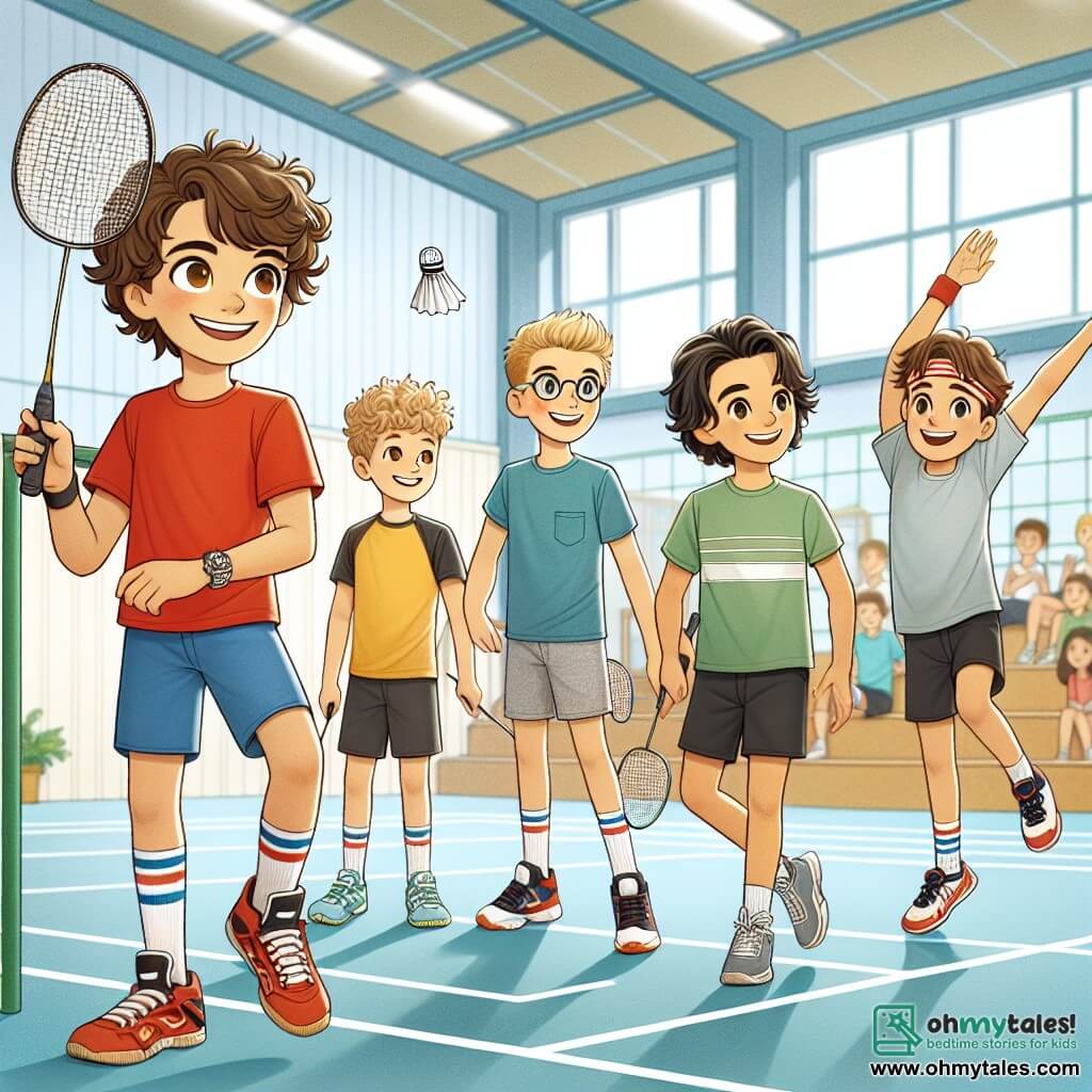 In a bright gymnasium, four 11-year-old boys stand on a badminton court. Jake, with curly brown hair, wears a red t-shirt and blue shorts, holding a racket with a big smile, ready to serve. To his right, Tommy, a boy with blonde hair and glasses, jumps for joy in a green t-shirt and black shorts. On the left, Ben, with brown hair and a bandana, watches intently in a blue t-shirt and gray shorts. Finally, Leo, a boy with black curly hair, warms up in a yellow t-shirt and red shorts, displaying a determined expression. The gym is filled with light, featuring light blue walls and white lines marking the court. Spectators in the background applaud and cheer for the young players, while rackets and shuttlecocks are scattered on the floor. The scene shows Jake serving the shuttlecock, while Max, a boy with blonde hair and piercing eyes, stands on the other side of the net, ready to return the shot. The atmosphere is electric, full of excitement and camaraderie, capturing the spirit of a thrilling badminton match.